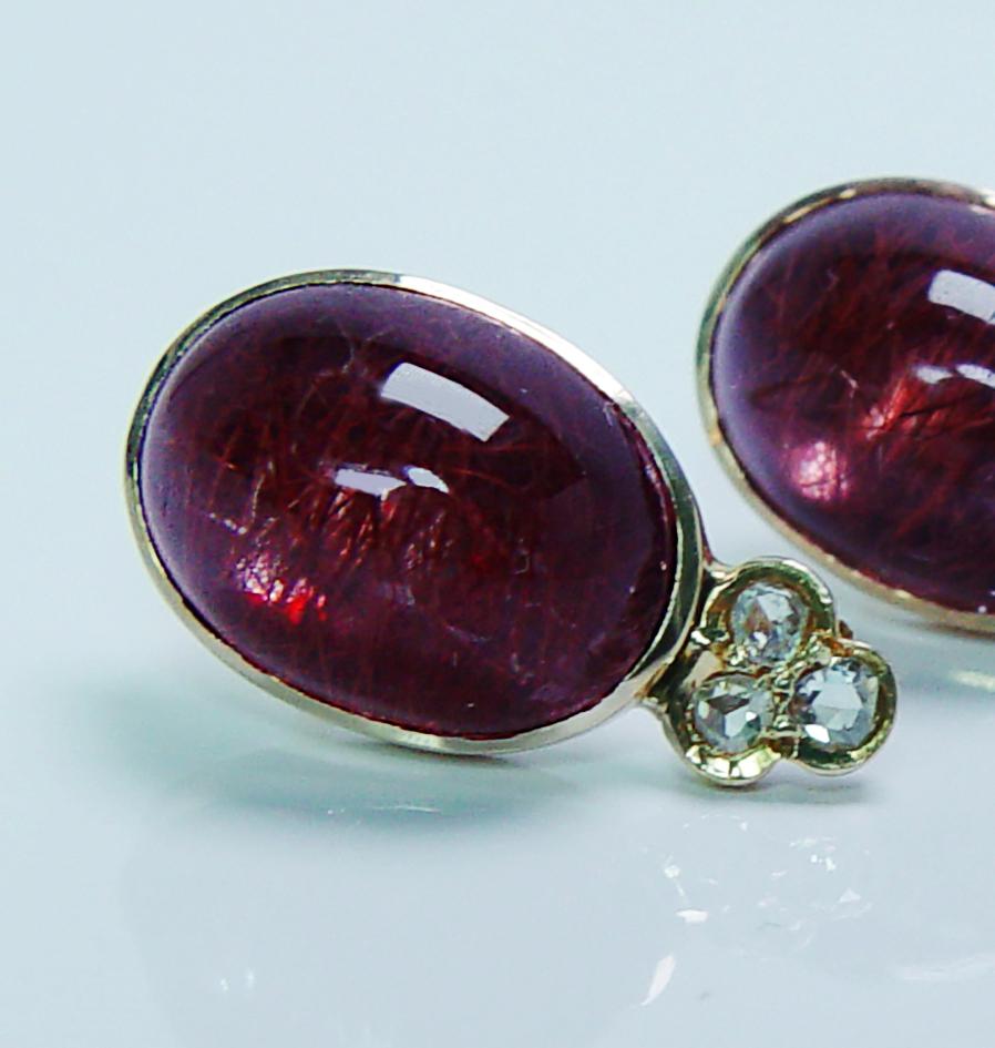 Oval Cut Victorian Antique Red Rutilated Quartz Rose cut Diamond Earrings 14K Gold For Sale