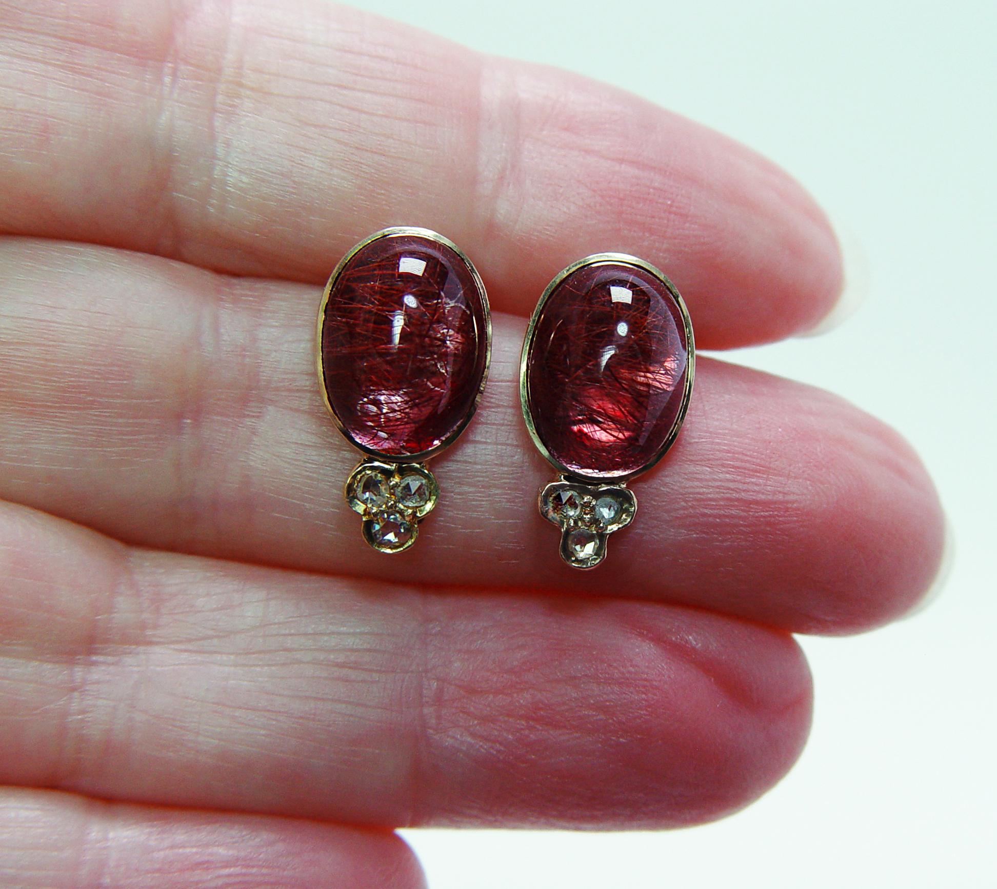 Victorian Antique Red Rutilated Quartz Rose cut Diamond Earrings 14K Gold In Good Condition For Sale In Brambleton, US