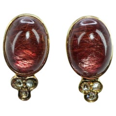 Victorian Antique Red Rutilated Quartz Rose cut Diamond Earrings 14K Gold
