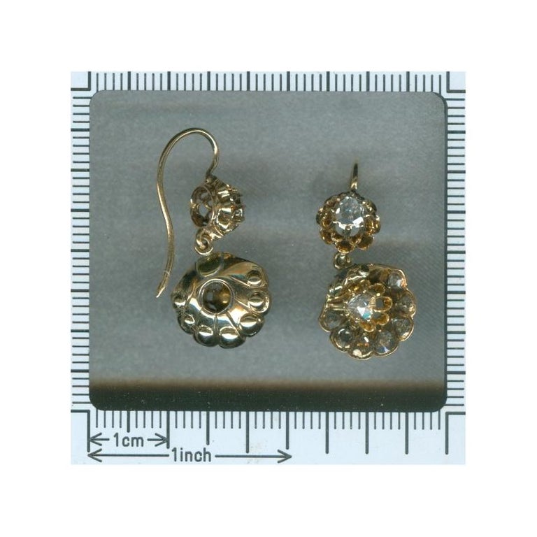 Victorian Antique Rose Cut Diamond and 14 Karat Yellow Gold Drop Earrings For Sale at 1stdibs