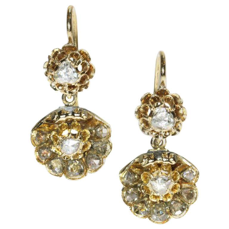 Victorian Antique Rose Cut Diamond and 14 Karat Yellow Gold Drop Earrings For Sale