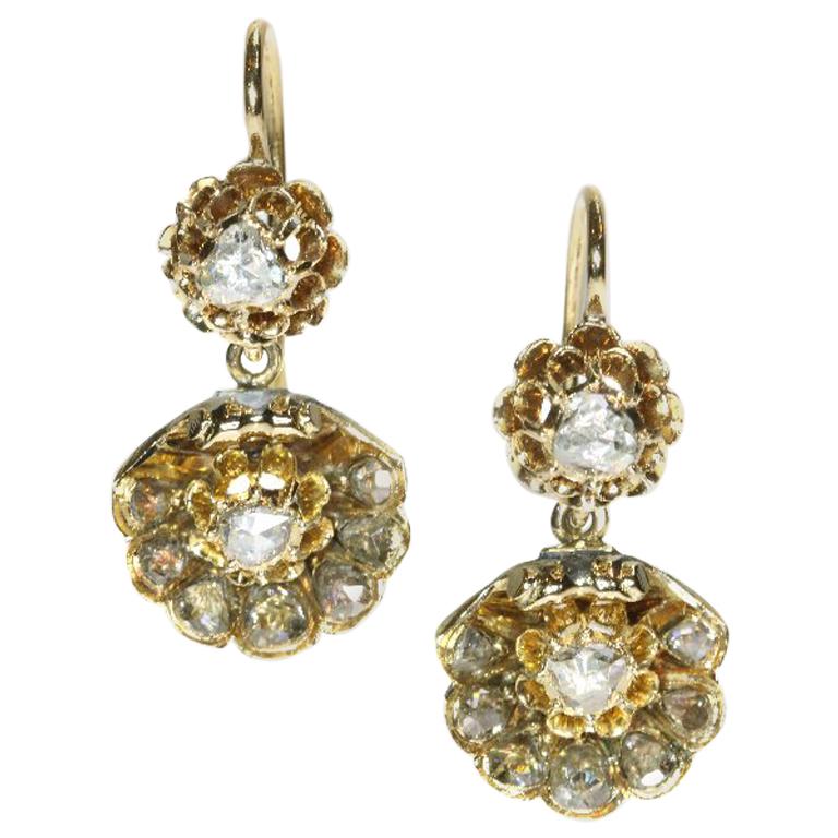 Victorian Antique Rose Cut Diamond and 14 Karat Yellow Gold Drop ...