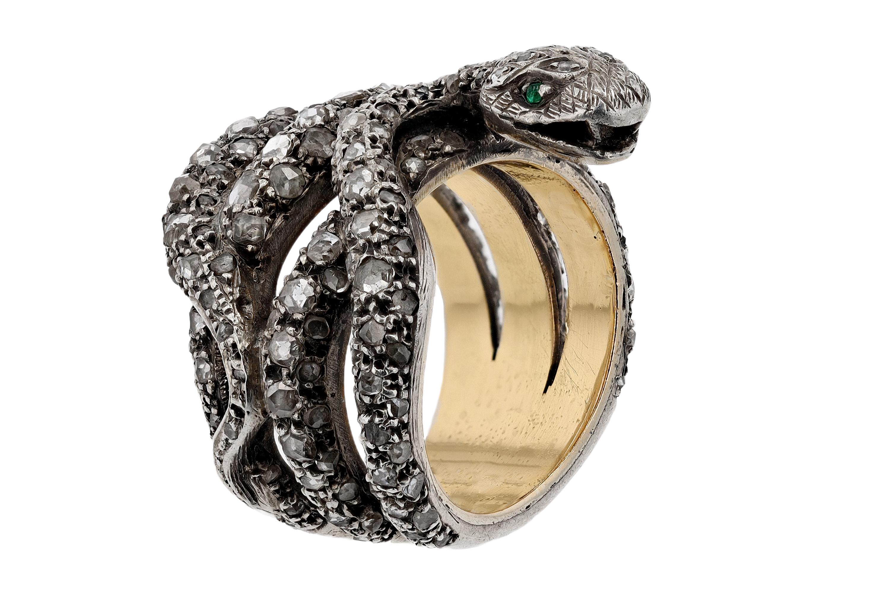 Women's or Men's Victorian Antique Rose Cut Diamond Serpent Snake Ring