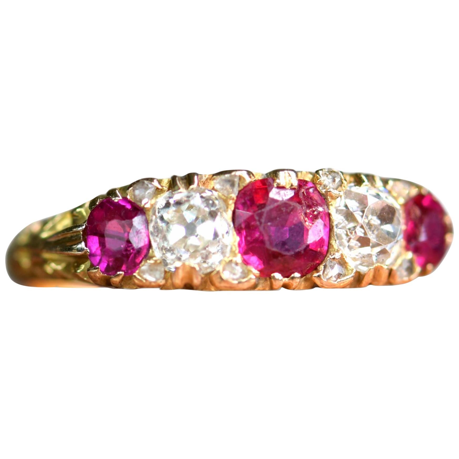 Victorian Antique Ruby and Diamond Five-Stone 18 Karat Gold Ring