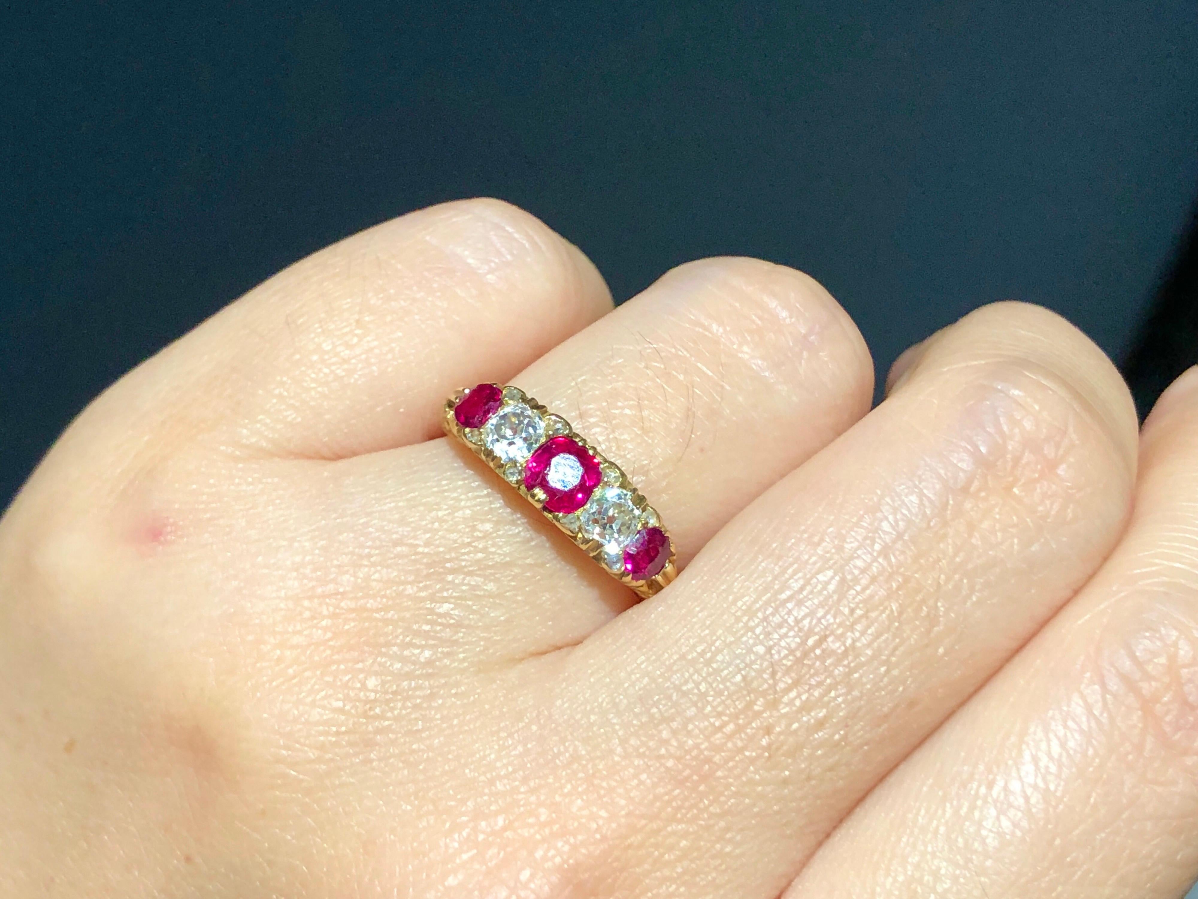 Old Mine Cut Victorian Antique Ruby and Diamond Five-Stone 18 Karat Gold Ring