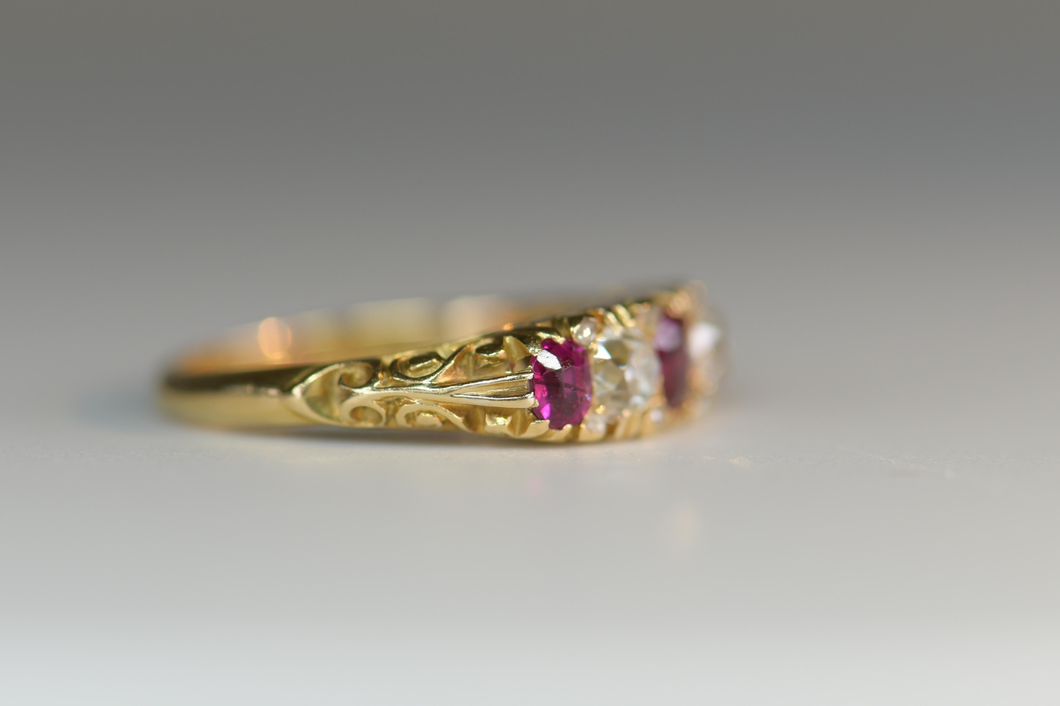 Victorian Antique Ruby and Diamond Five-Stone 18 Karat Gold Ring 1