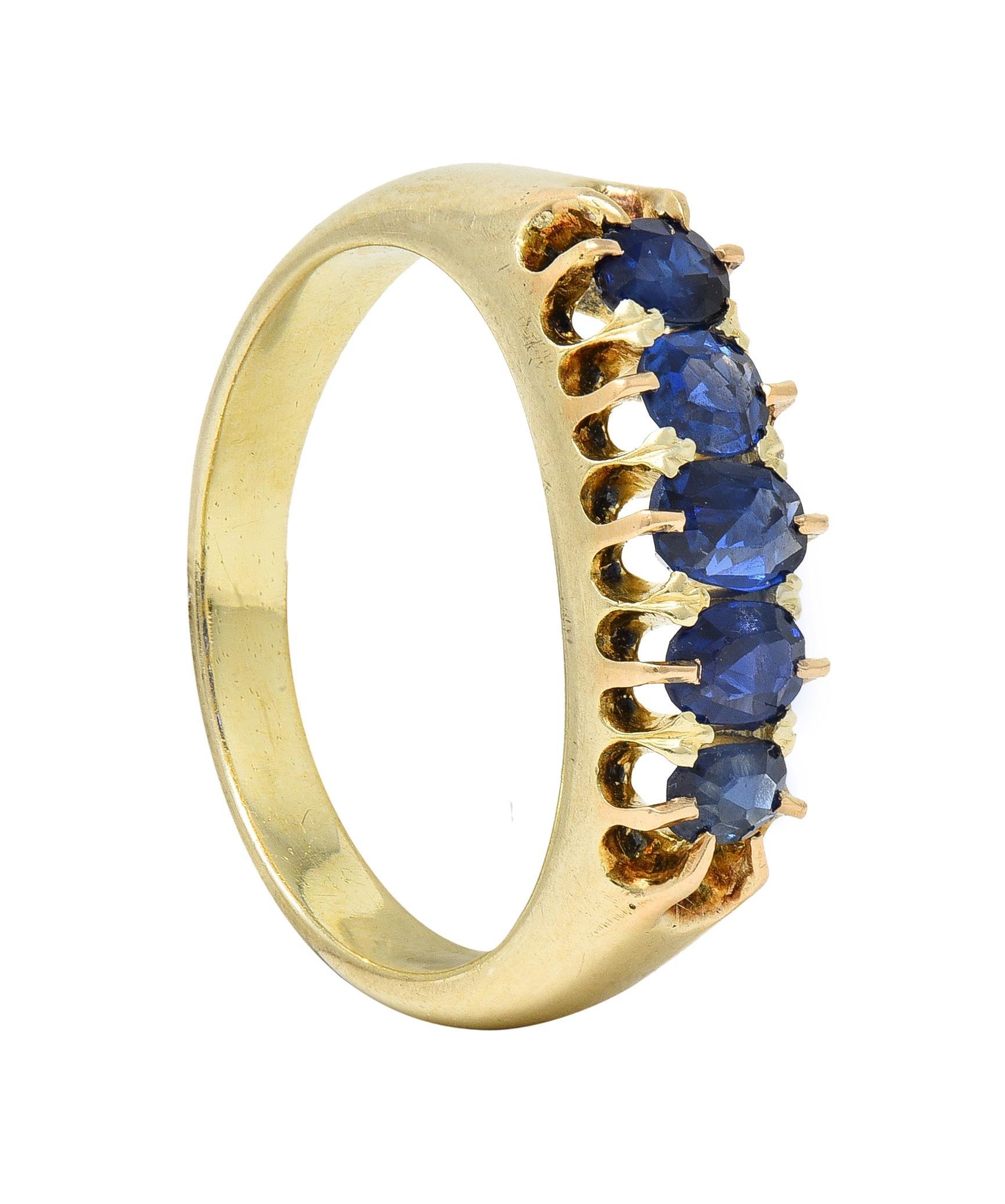 Victorian Antique Sapphire 14 Karat Yellow Gold Five Stone Foliate Band Ring For Sale 5