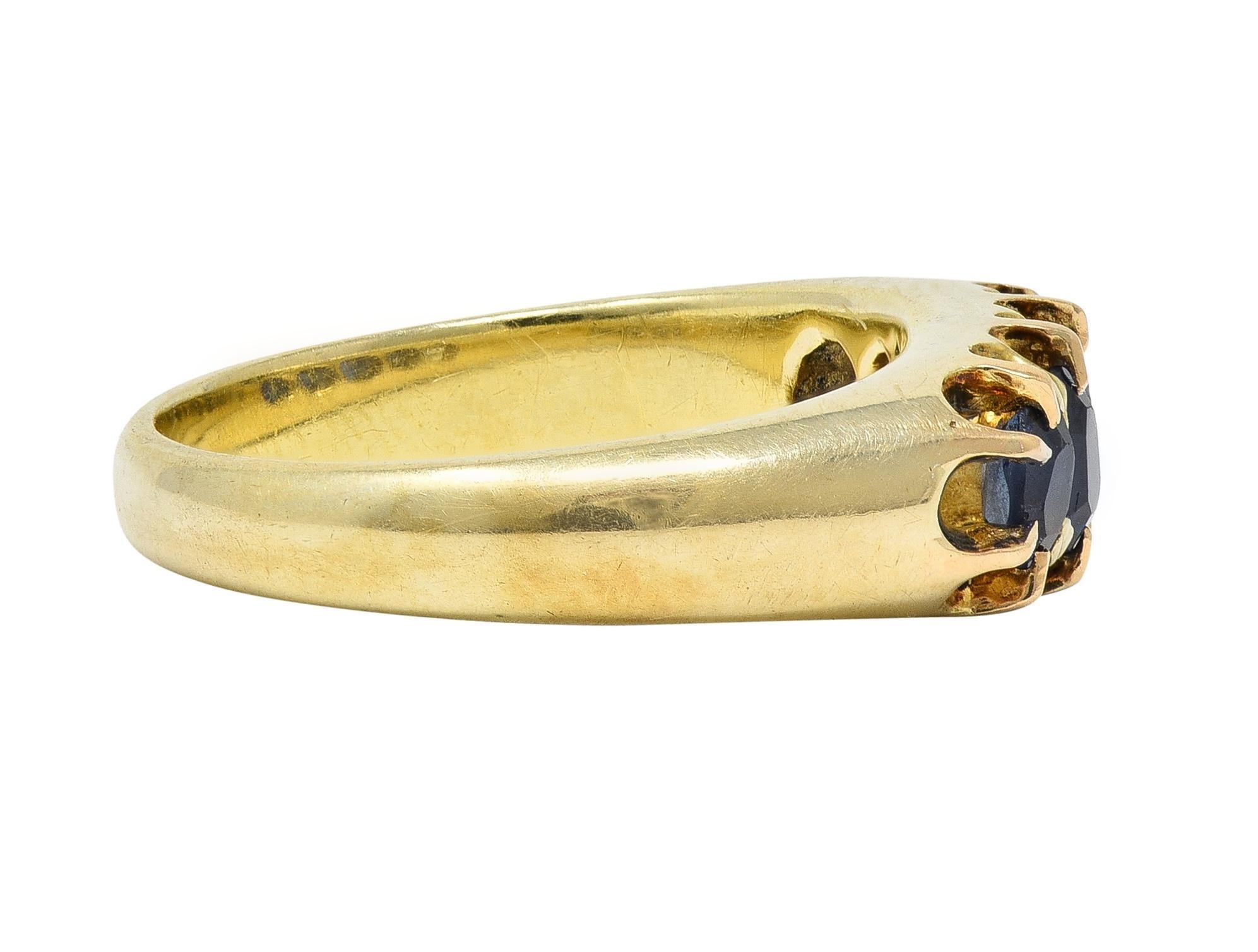 Round Cut Victorian Antique Sapphire 14 Karat Yellow Gold Five Stone Foliate Band Ring For Sale