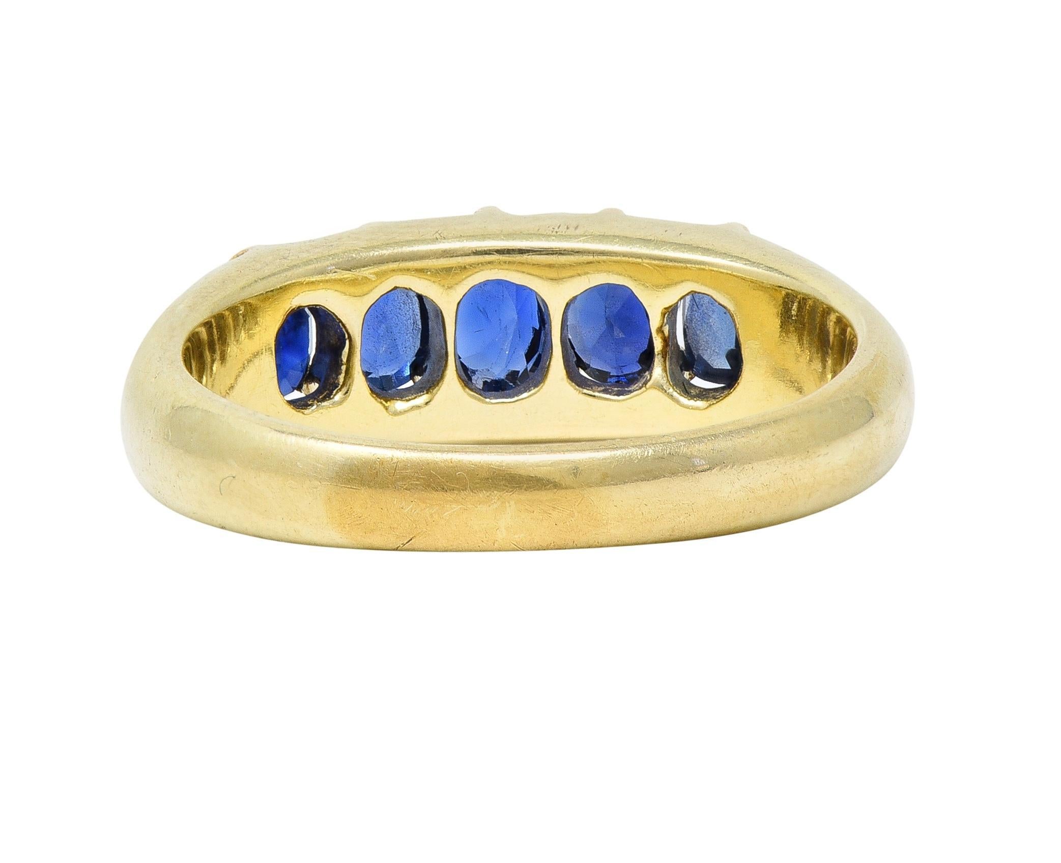 Victorian Antique Sapphire 14 Karat Yellow Gold Five Stone Foliate Band Ring In Excellent Condition For Sale In Philadelphia, PA