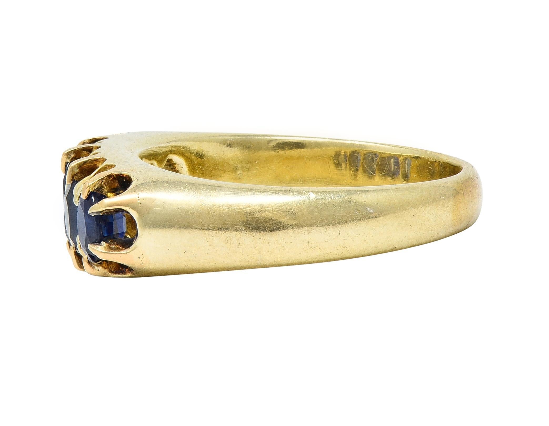 Women's or Men's Victorian Antique Sapphire 14 Karat Yellow Gold Five Stone Foliate Band Ring For Sale