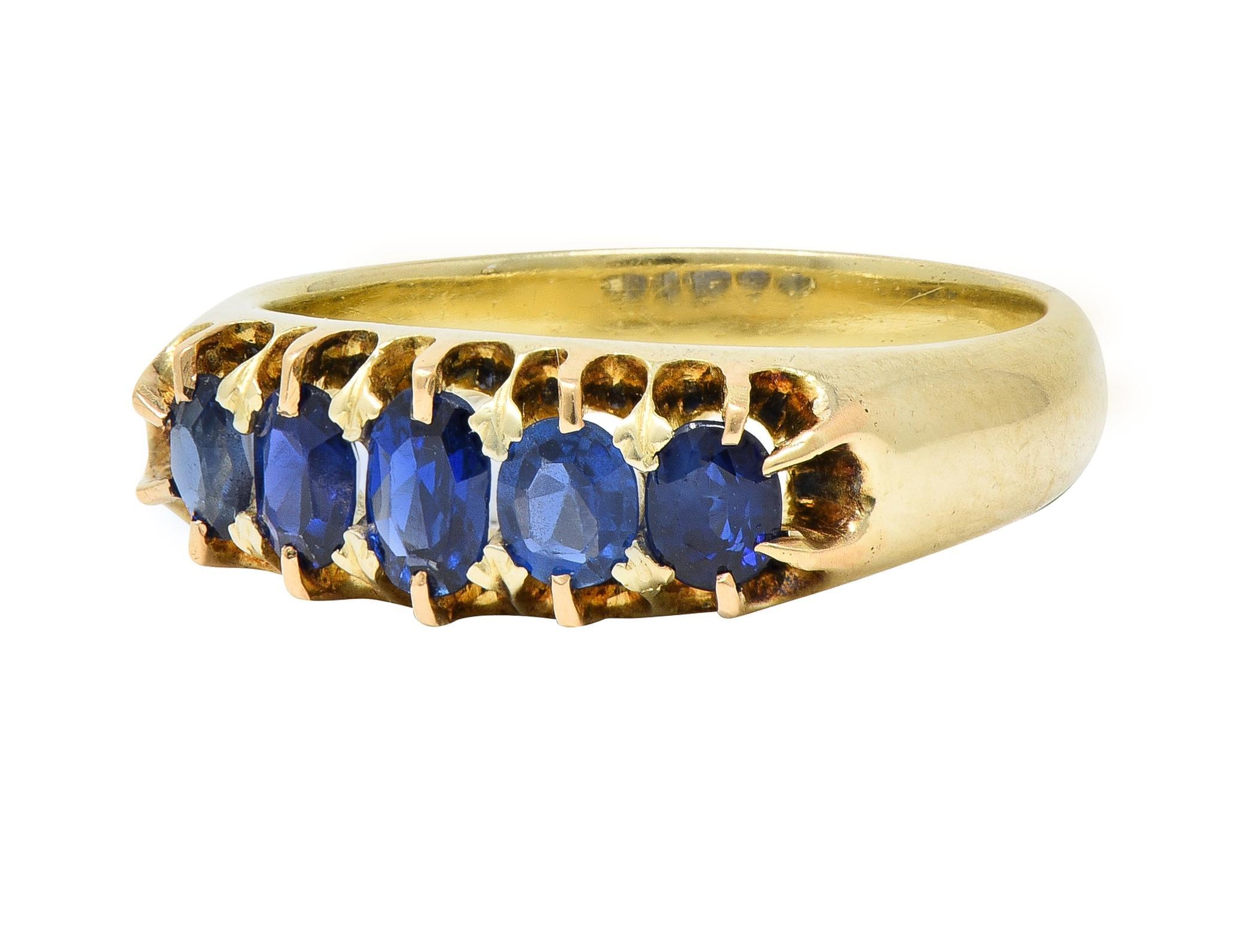 Victorian Antique Sapphire 14 Karat Yellow Gold Five Stone Foliate Band Ring For Sale 1