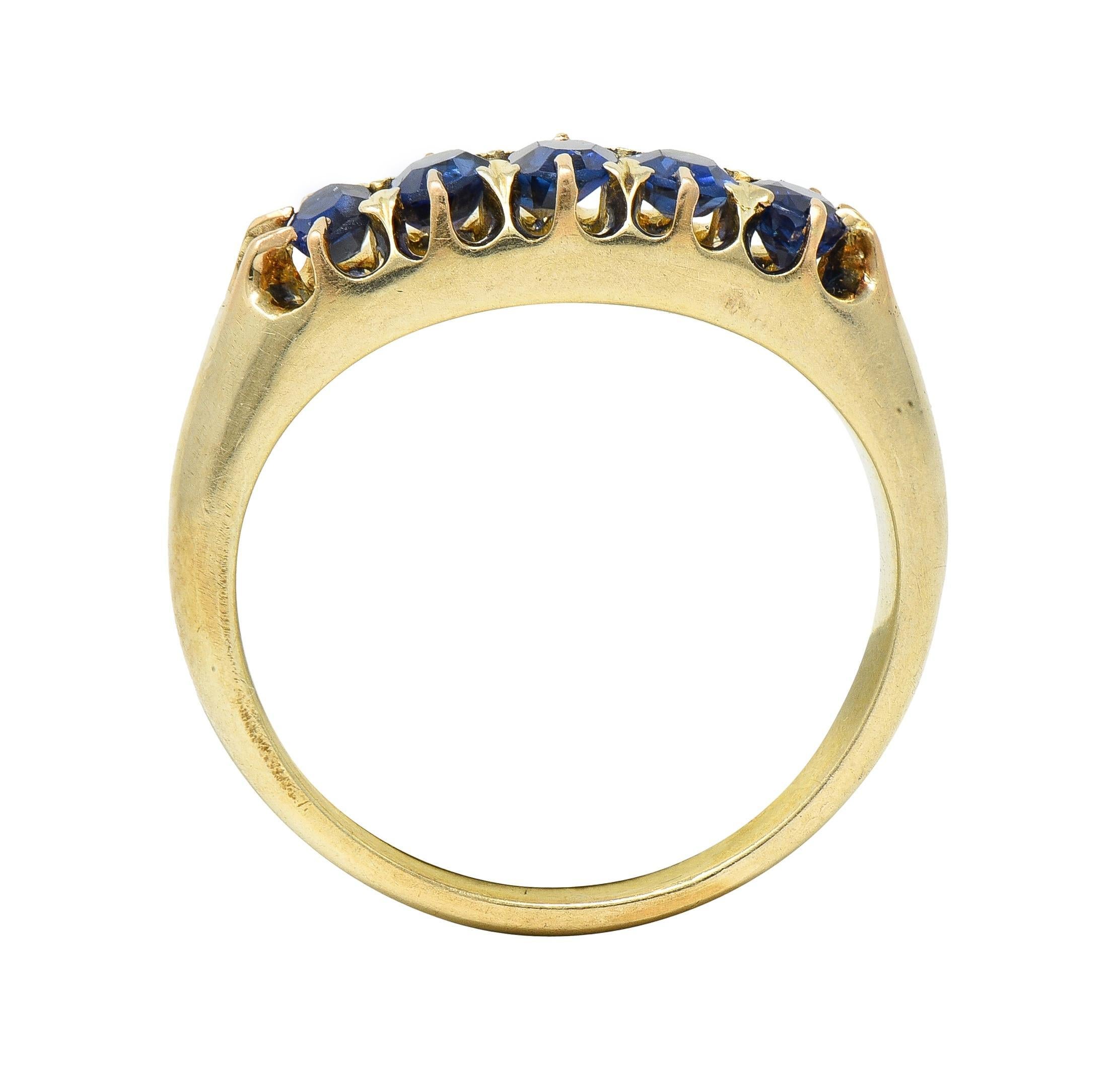 Victorian Antique Sapphire 14 Karat Yellow Gold Five Stone Foliate Band Ring For Sale 3