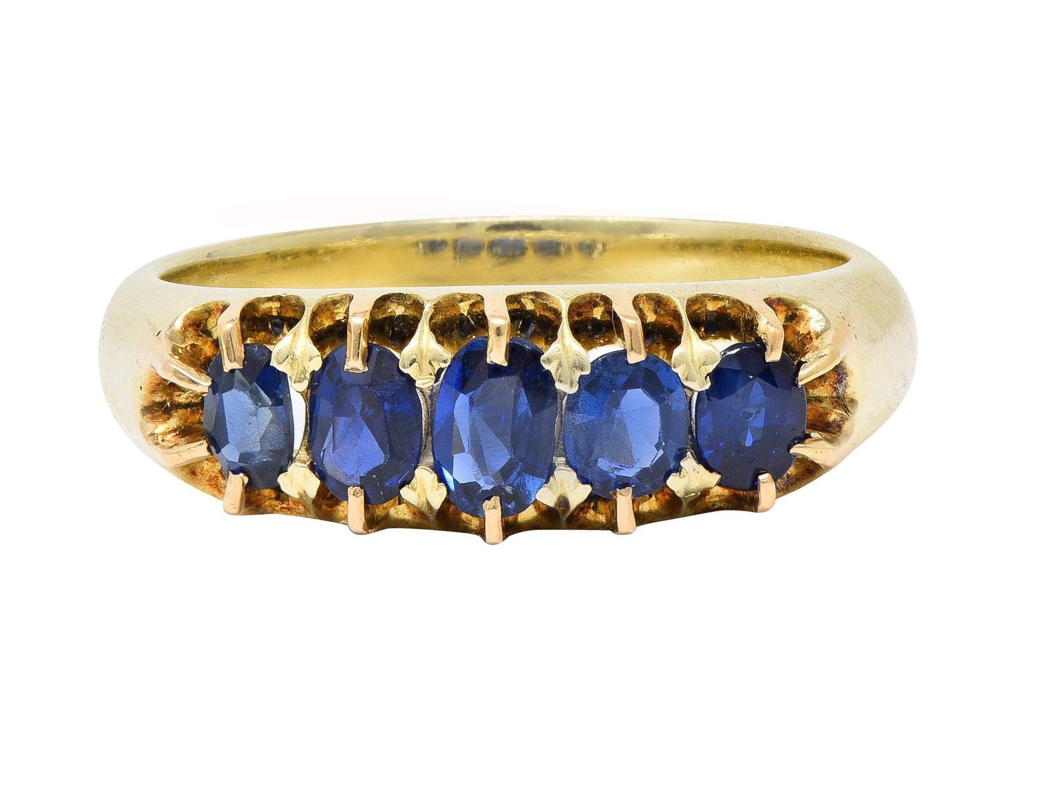 Victorian Antique Sapphire 14 Karat Yellow Gold Five Stone Foliate Band Ring For Sale