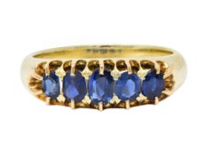 Victorian Antique Sapphire 14 Karat Yellow Gold Five Stone Foliate Band Ring