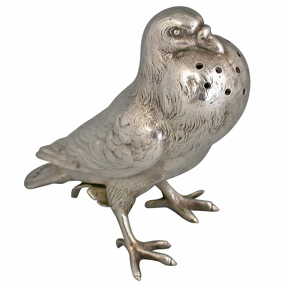 A fine and rare Victorian silver Novelty Pepper formed as a ‘Fancy Pigeon’ with pullout stopper beneath the tail. One of the 