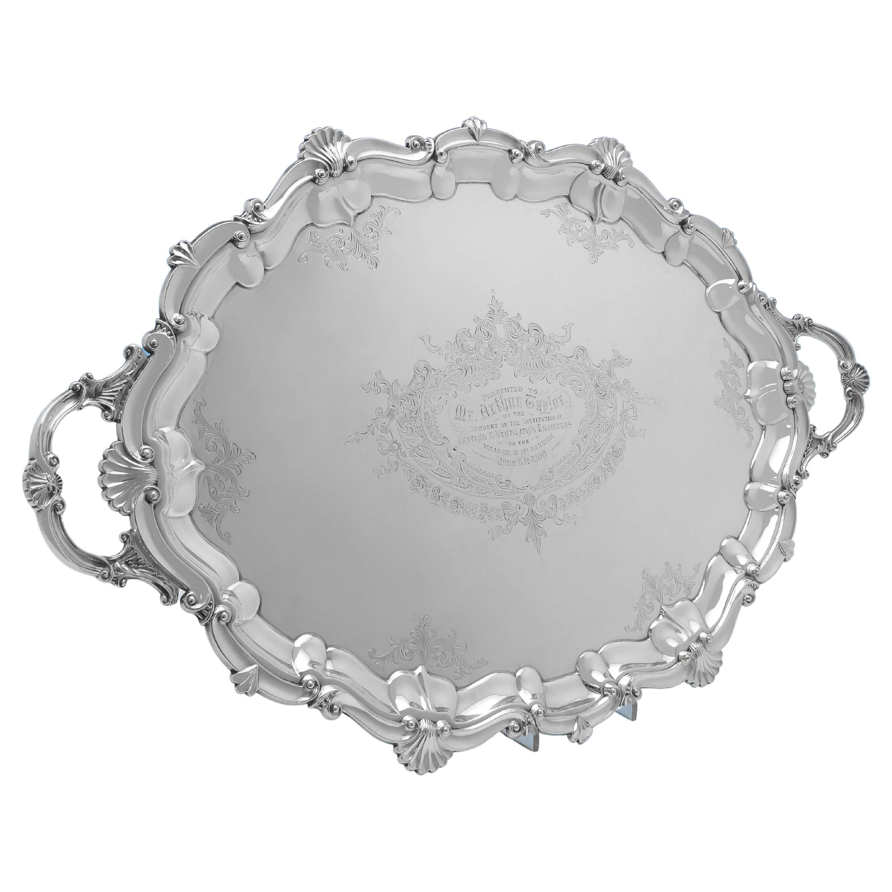 Victorian Antique Silver Plated Tray, Presentation Inscription for 1900