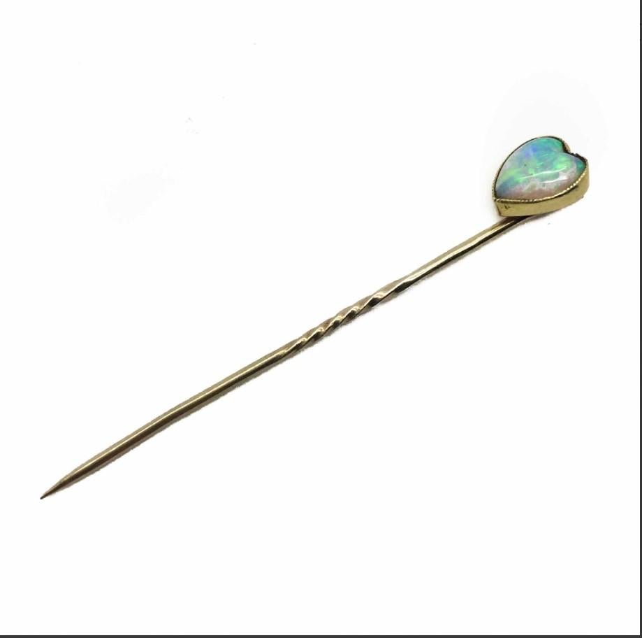 Cabochon Victorian Antique Solid 9ct Gold & Natural Opal Heart Stick Pin 1890s For Sale