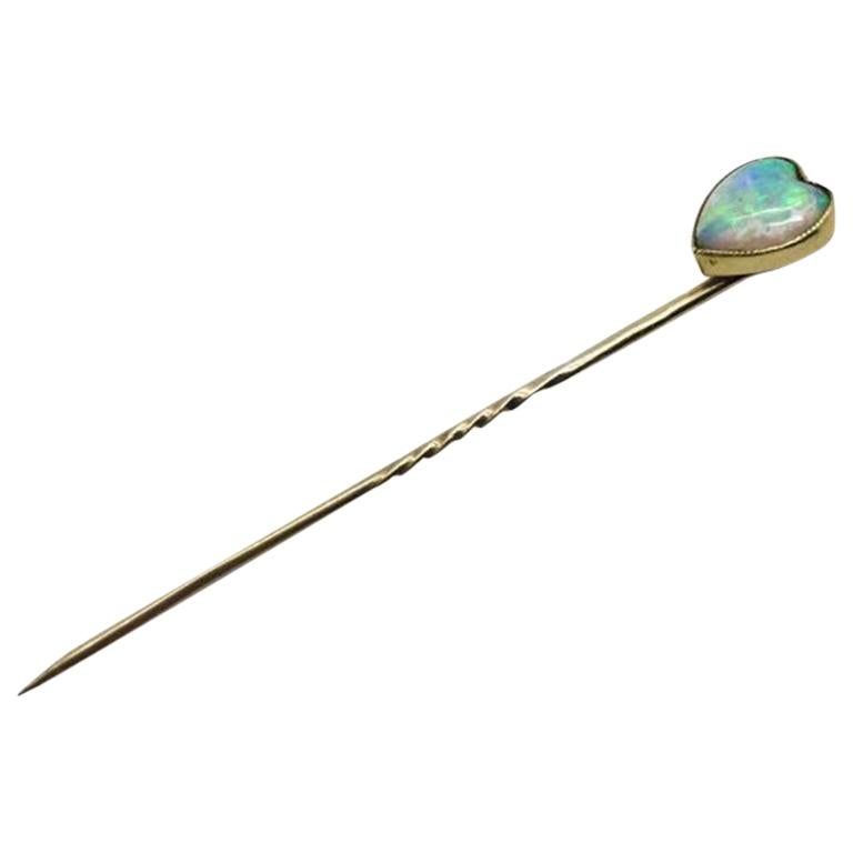 Victorian Antique Solid 9ct Gold & Natural Opal Heart Stick Pin 1890s For Sale