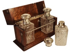 Victorian Antique Solid Silver Capped Cut Glass Tantalus With 3 Decanters