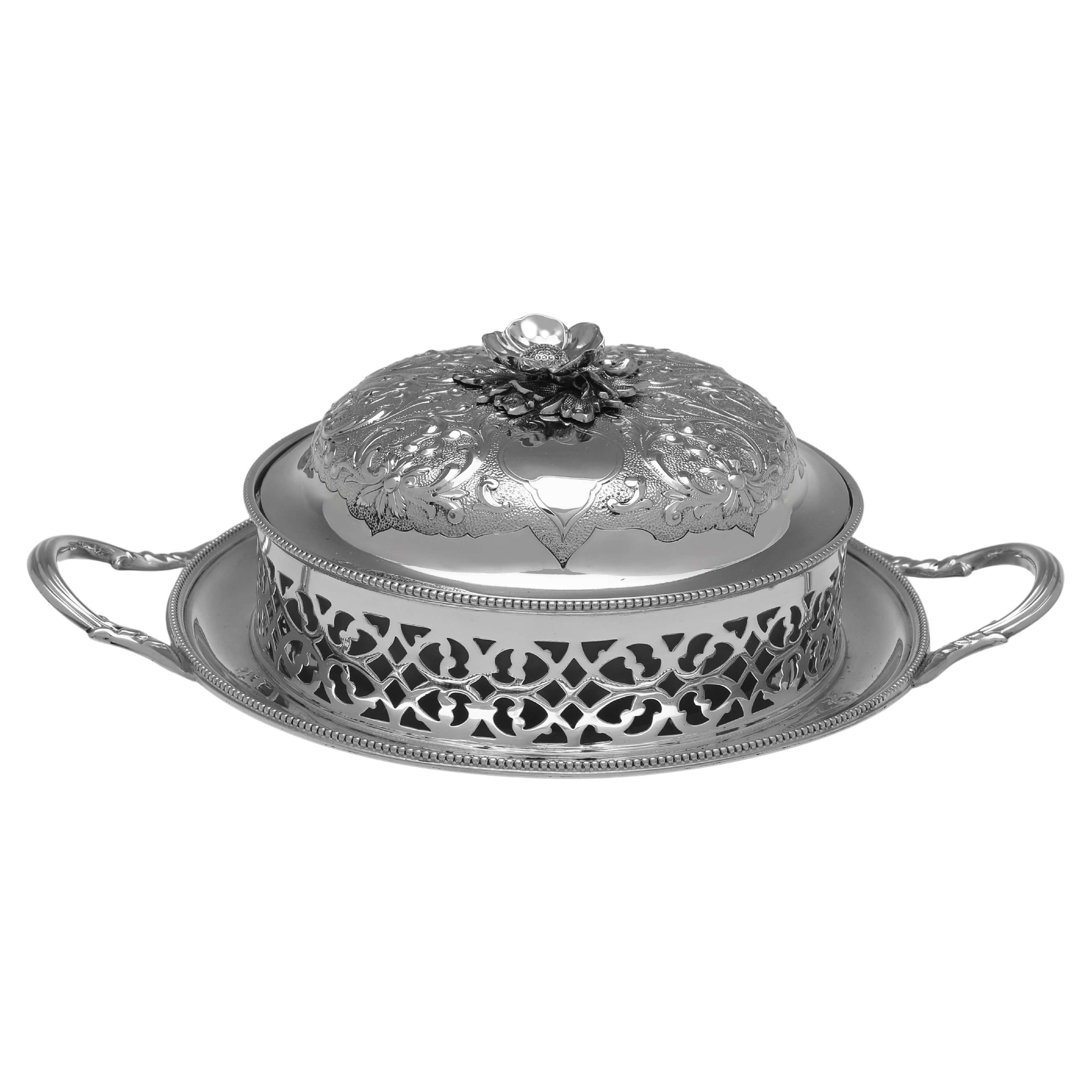 Victorian Antique Sterling Silver Butter Dish with Removable Glass Liner, 1865