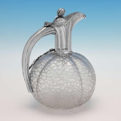Victorian Antique Sterling Silver Claret Jug, Cantaloupe Glass by Thomas Webb