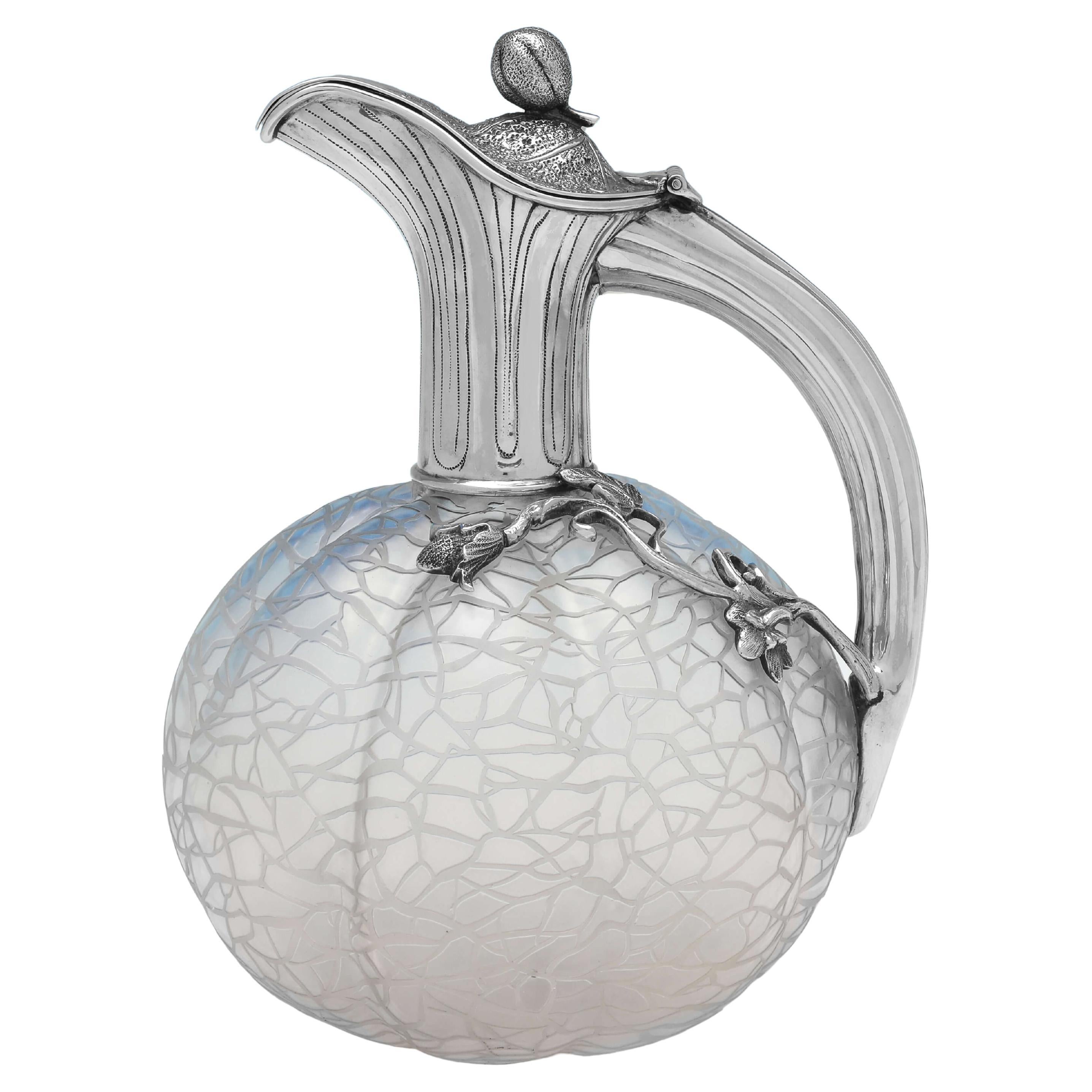 Victorian Antique Sterling Silver Claret Jug, Cantaloupe Glass by Thomas Webb