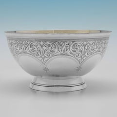 Victorian Antique Sterling Silver Engraved Bowl, London 1891 Edward Hutton