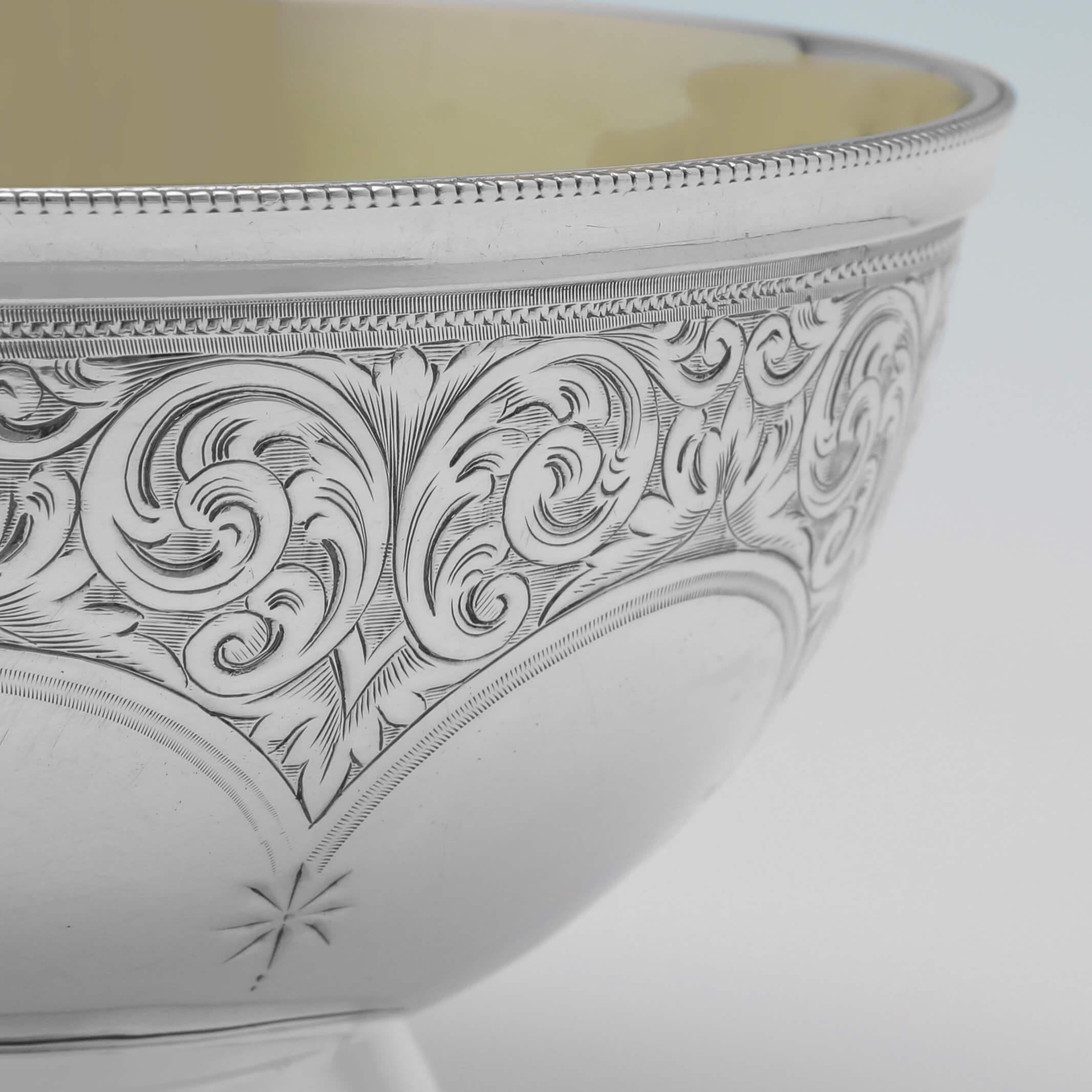 English Victorian Antique Sterling Silver Engraved Bowl, London 1891 Edward Hutton
