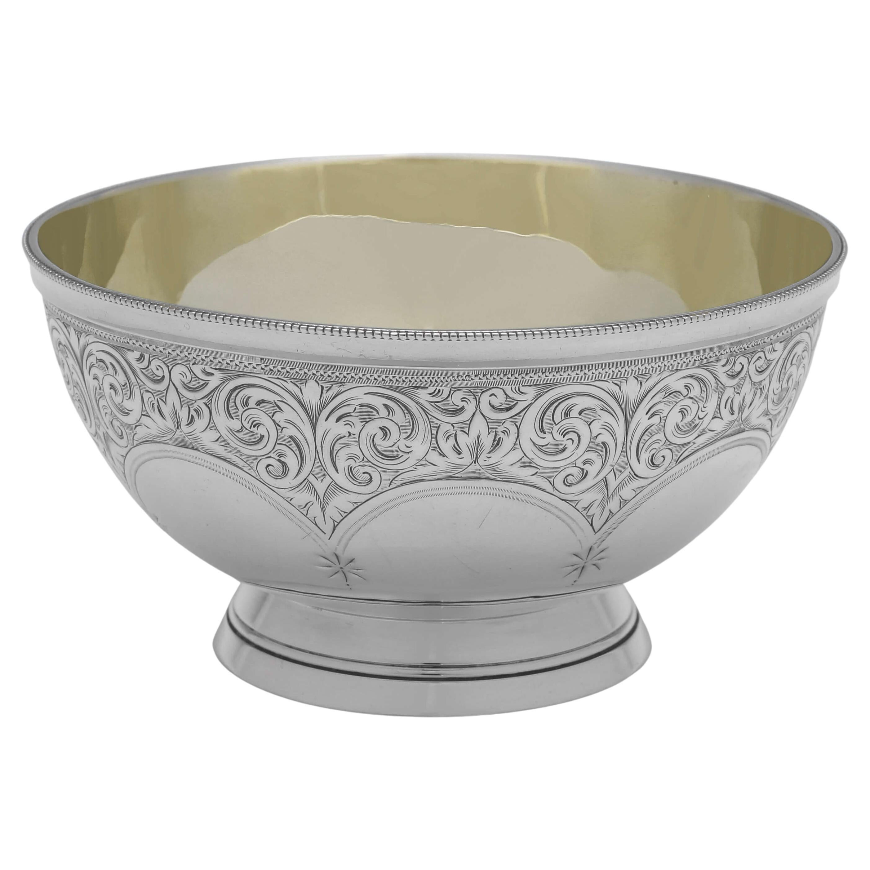 Victorian Antique Sterling Silver Engraved Bowl, London 1891 Edward Hutton