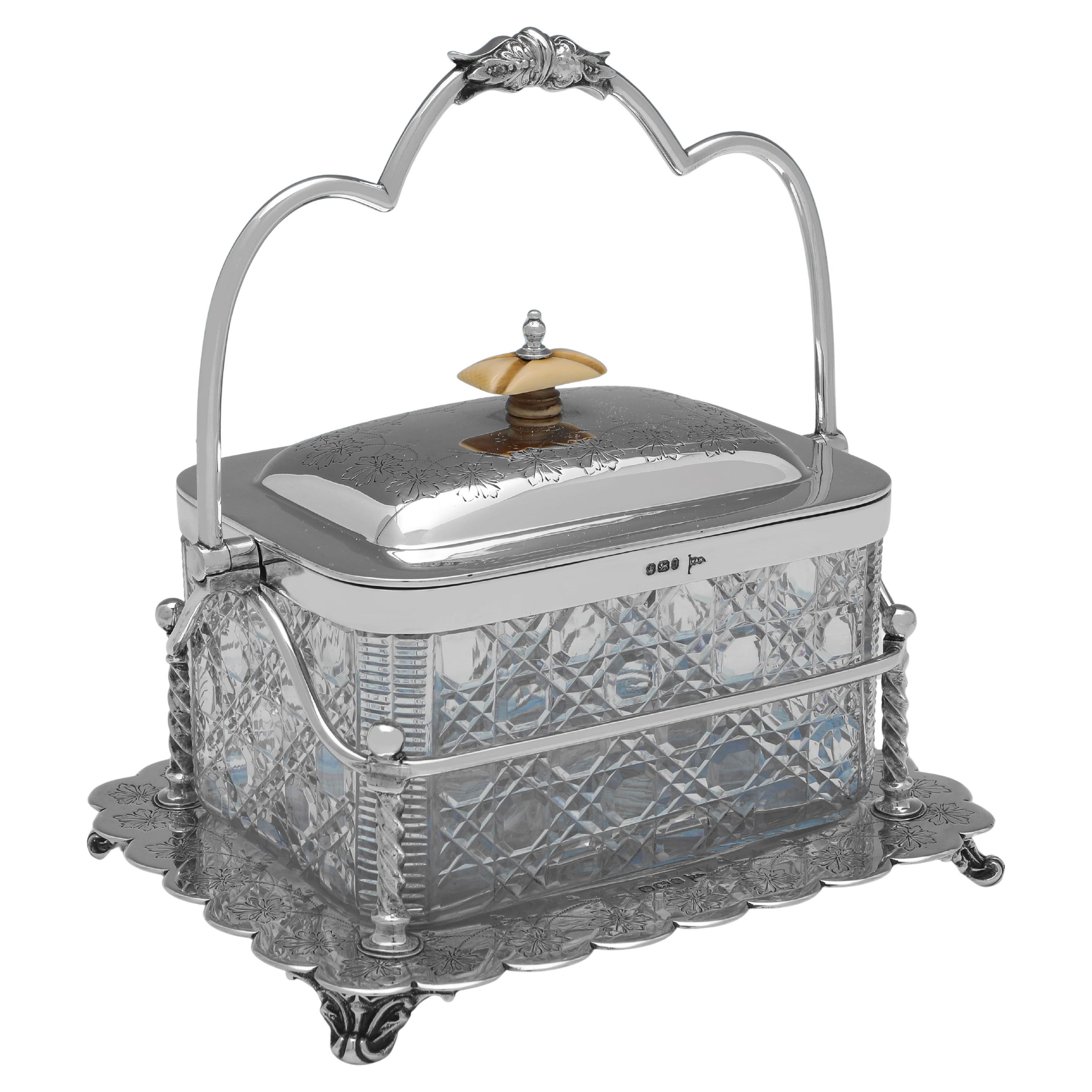 Victorian antique sterling silver & glass biscuit box made by Walker & Hall 1895