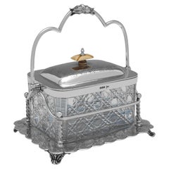 Victorian antique sterling silver & glass biscuit box made by Walker & Hall 1895