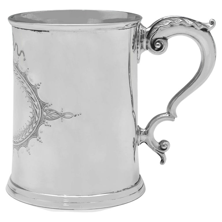 Victorian Antique Sterling Silver Glass Bottom Tankard, London 1866, in Box For Sale