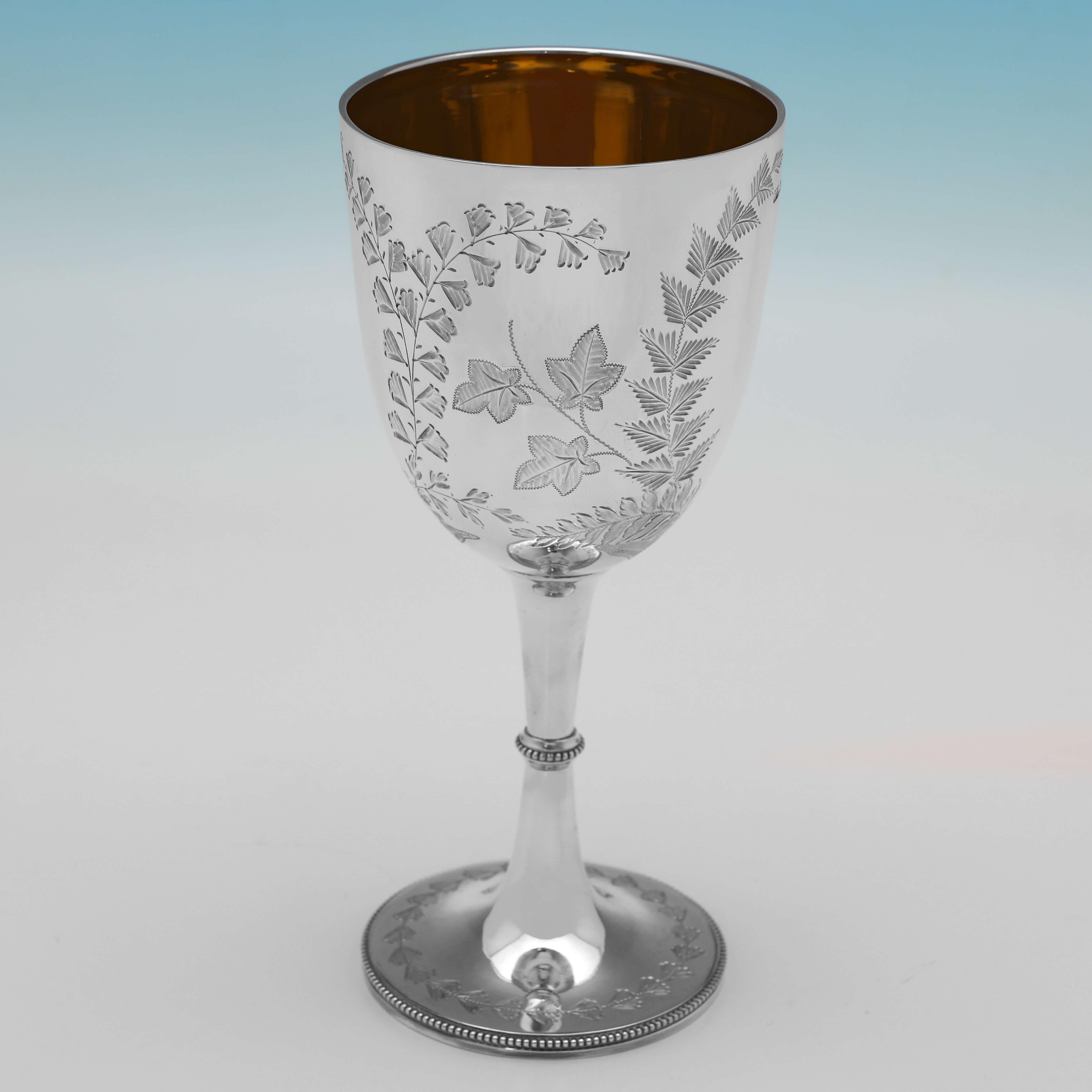English Victorian Antique Sterling Silver Pair of Wine Goblets - Henry Atkin 1883 & 1884 For Sale