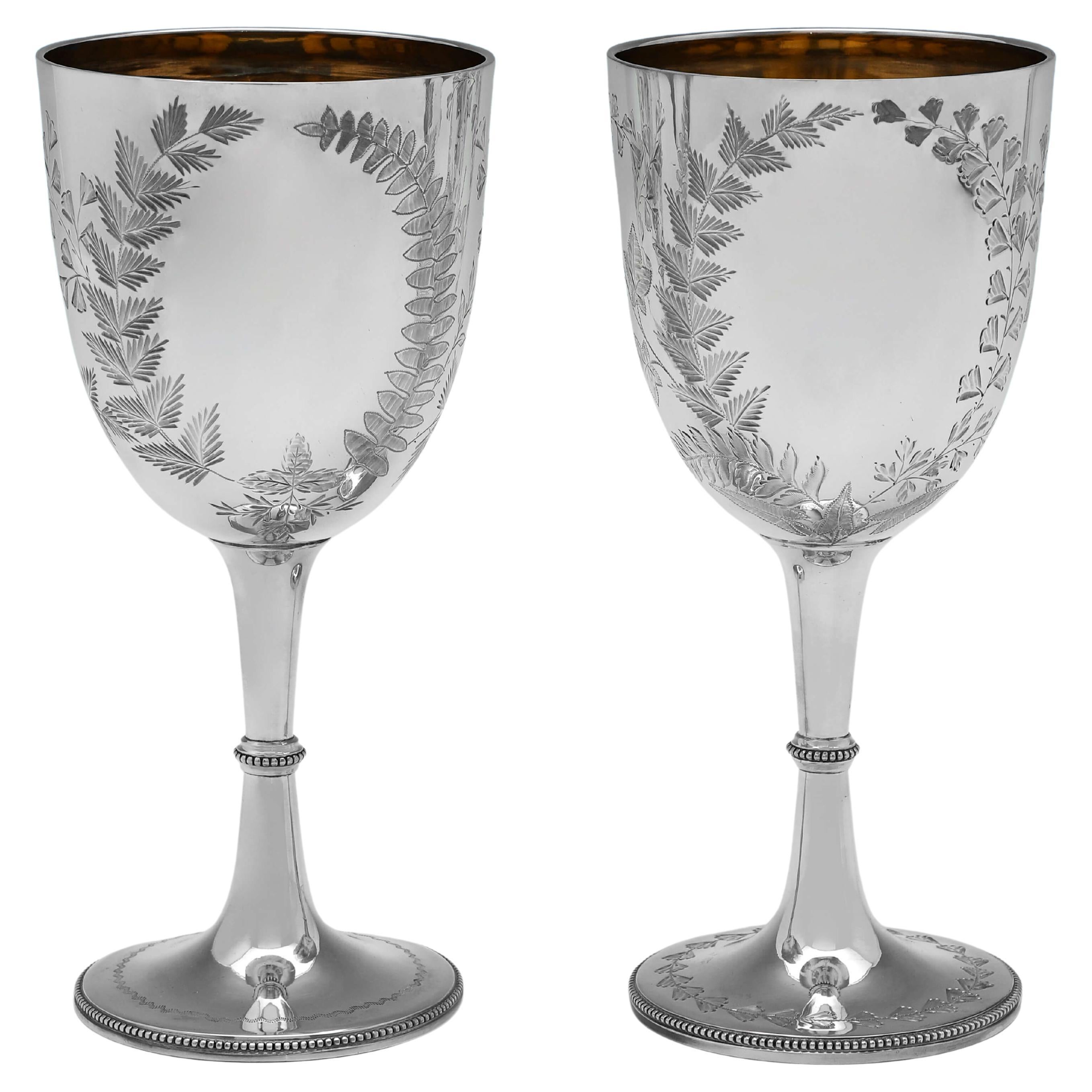 Victorian Antique Sterling Silver Pair of Wine Goblets - Henry Atkin 1883 & 1884 For Sale