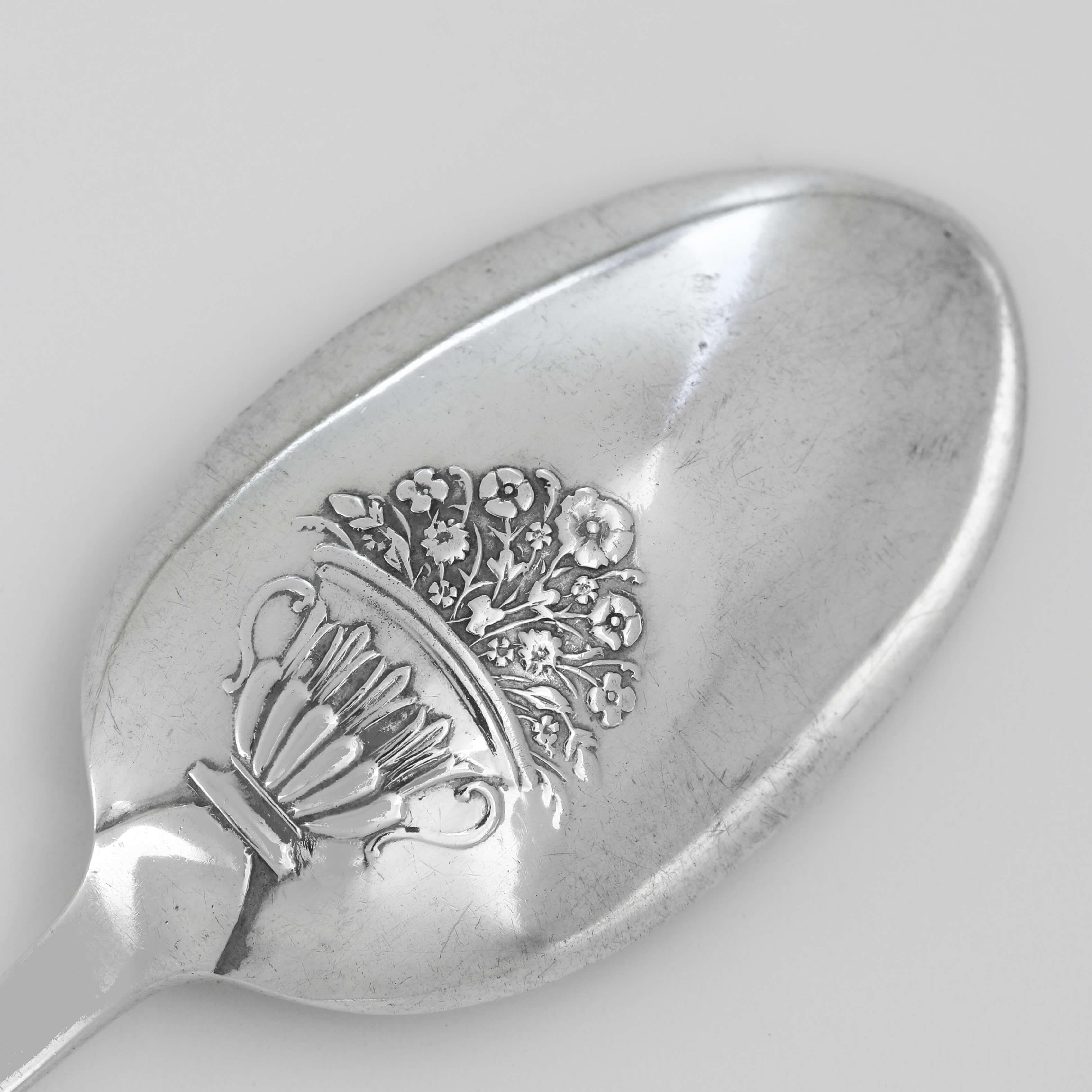 English Victorian Antique Sterling Silver 'Picture Back' Tea Spoons & Sugar Tongs - 1890