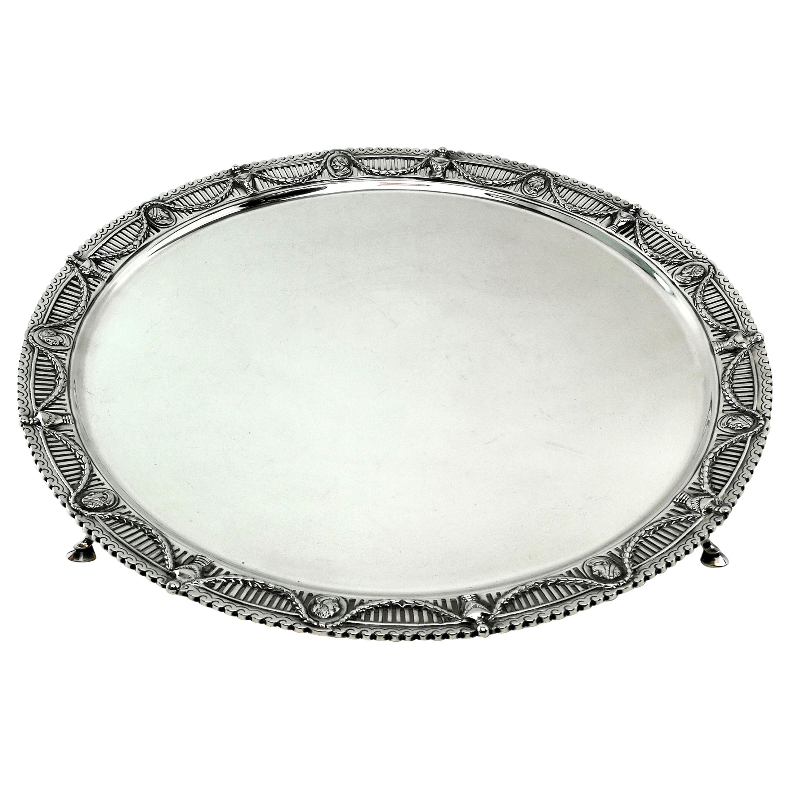 Victorian Antique Sterling Silver Salver Tray Platter, 1897