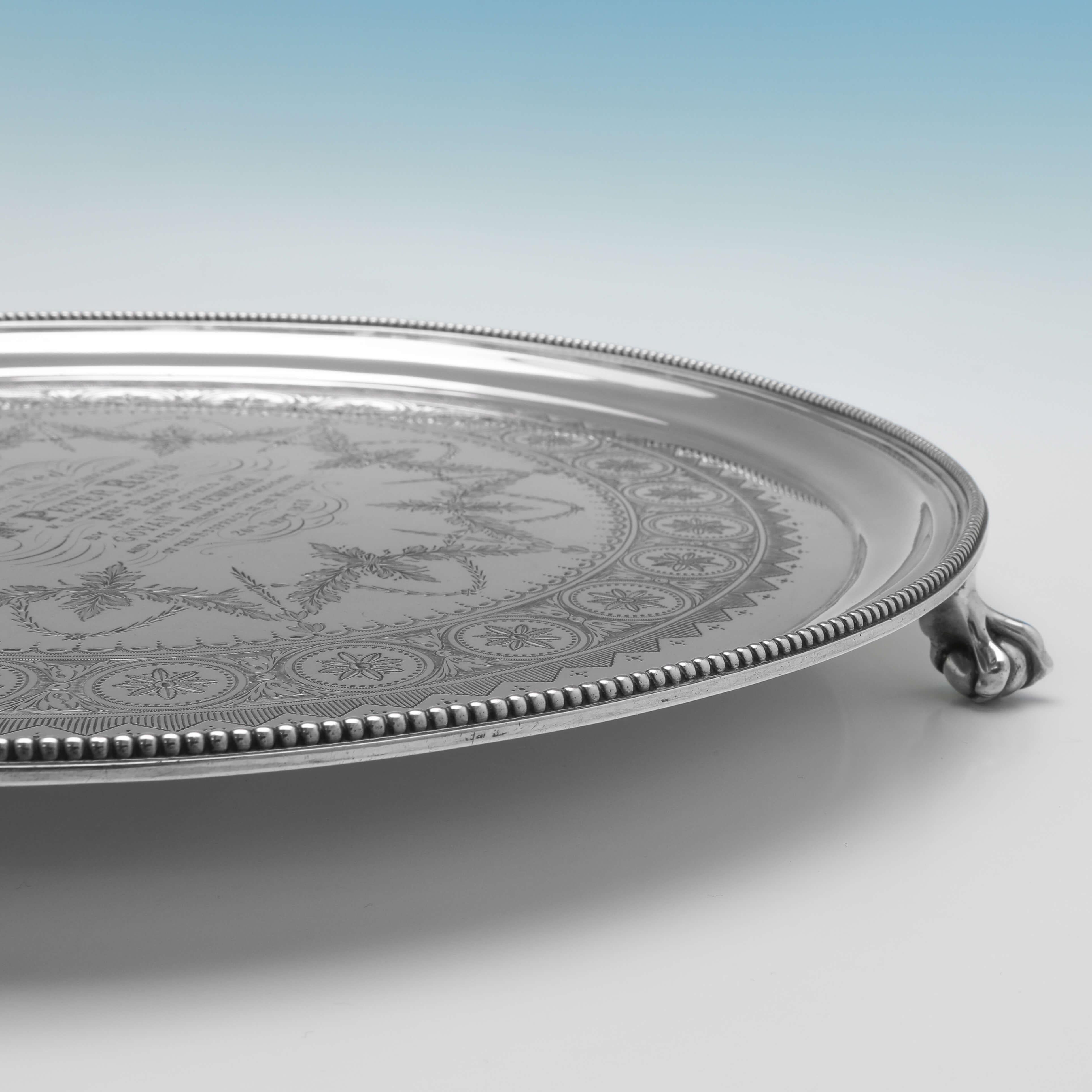 English Victorian Antique Sterling Silver Salver with Presentation Inscription - 1875 For Sale