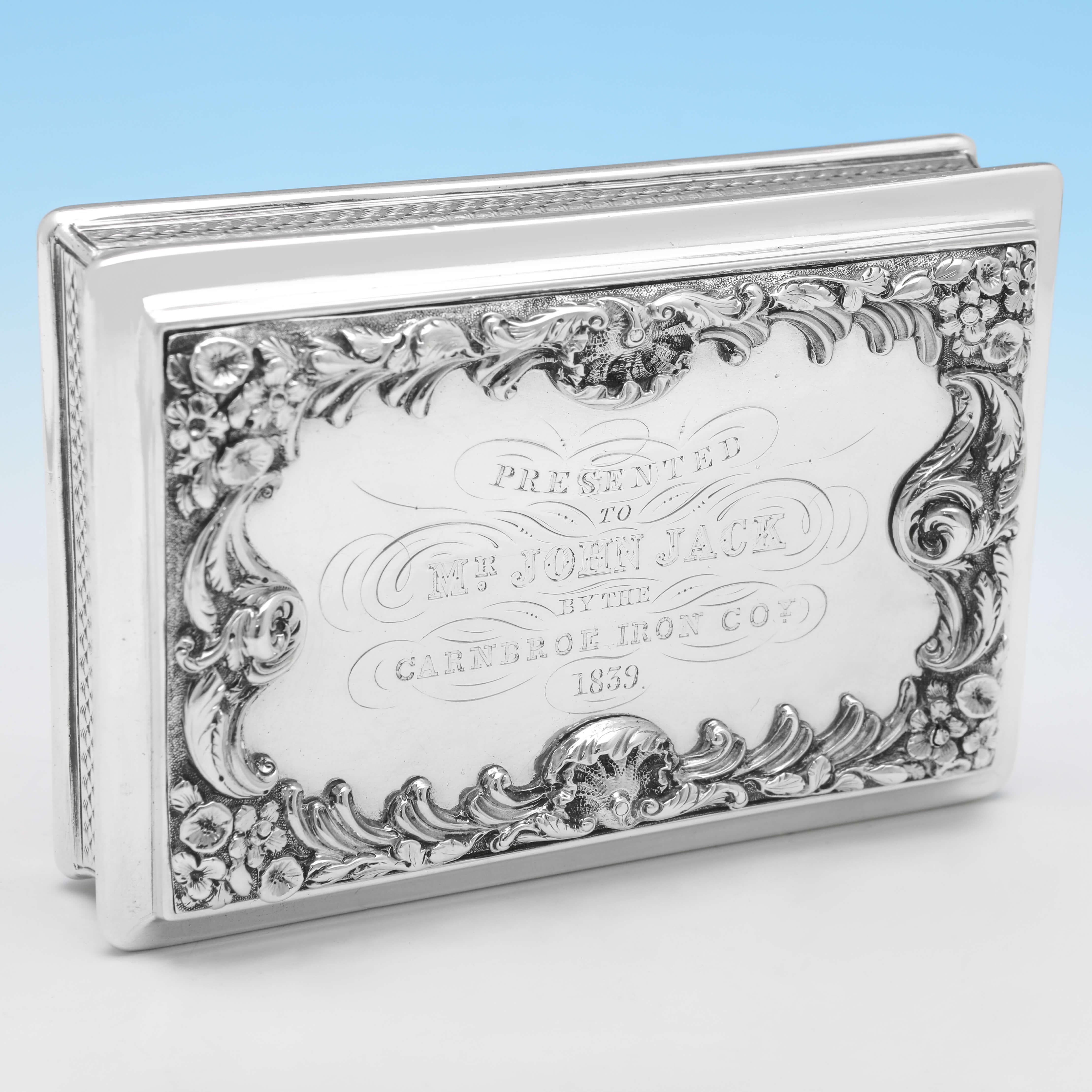 English Victorian Antique Sterling Silver Snuff Box, Birmingham 1836, Engraved For Sale