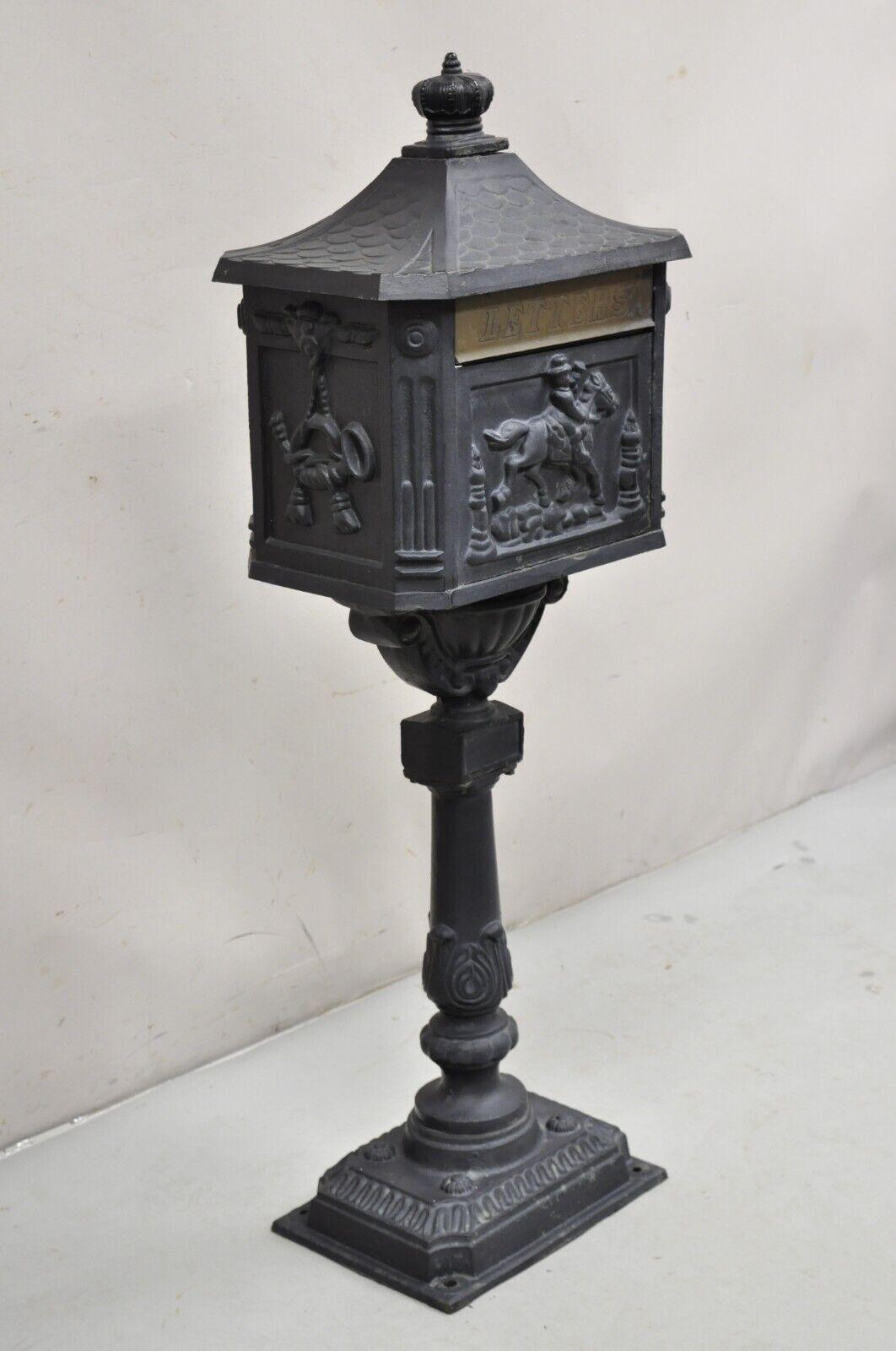 Victorian Antique Style Cast Iron Estate Standing Pedestal Postal Mailbox. Item featured includes working lock and key, very nice reproduction mailbox, weighs approximately 90 pounds. Circa Late 20th Century. Measurements: 46