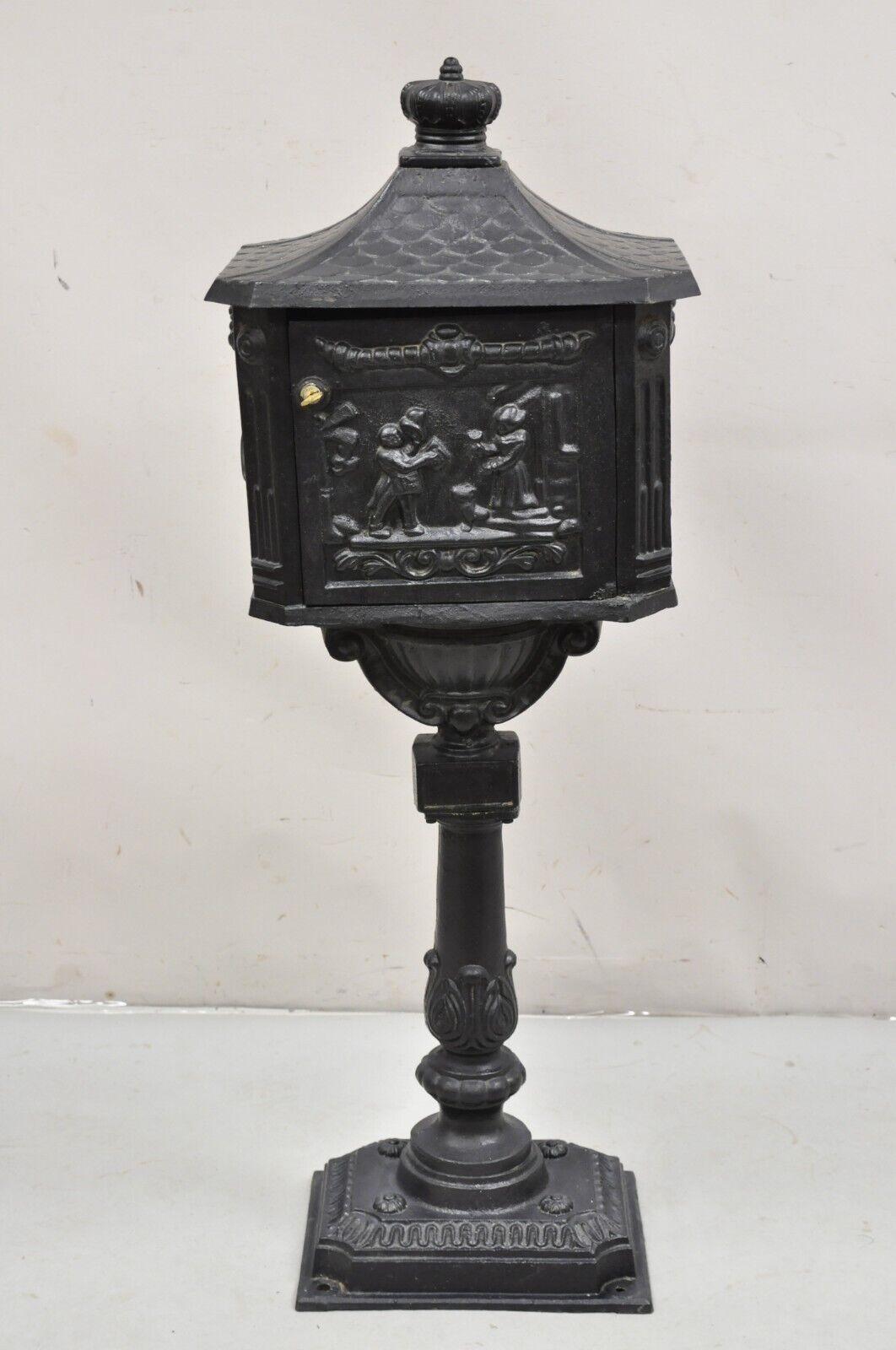Victorian Antique Style Cast Iron Standing Pedestal Postal Locking Mailbox 2