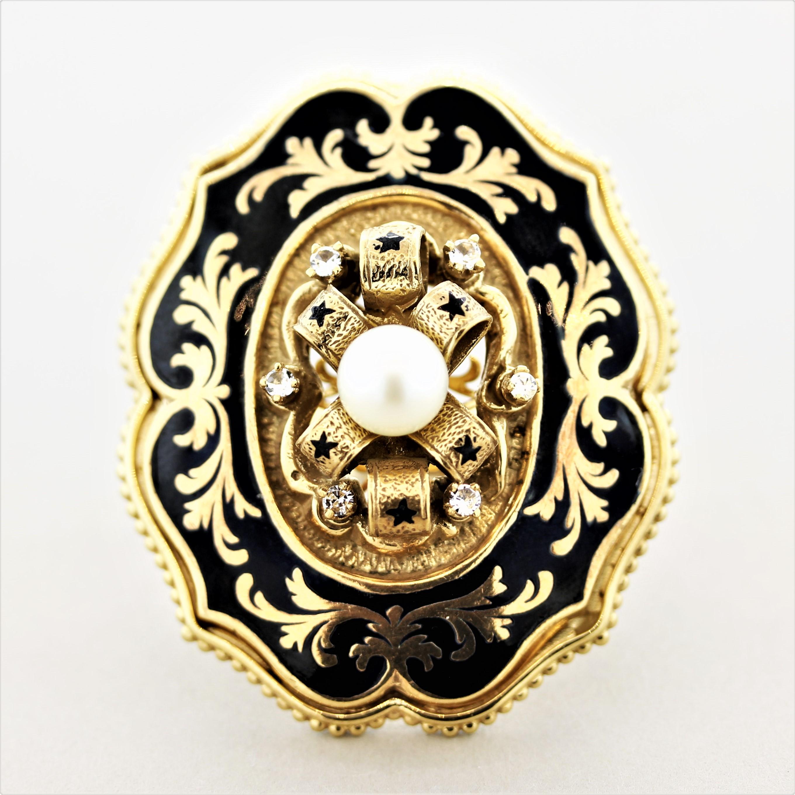 A large and elaborate cocktail ring designed in the Victorian style. It features 6 round-cut diamonds along with a sweet pearl in the center over a ribbon of gold. Hand-painted black enamel decorated the top of the ring with stars on the ribbon