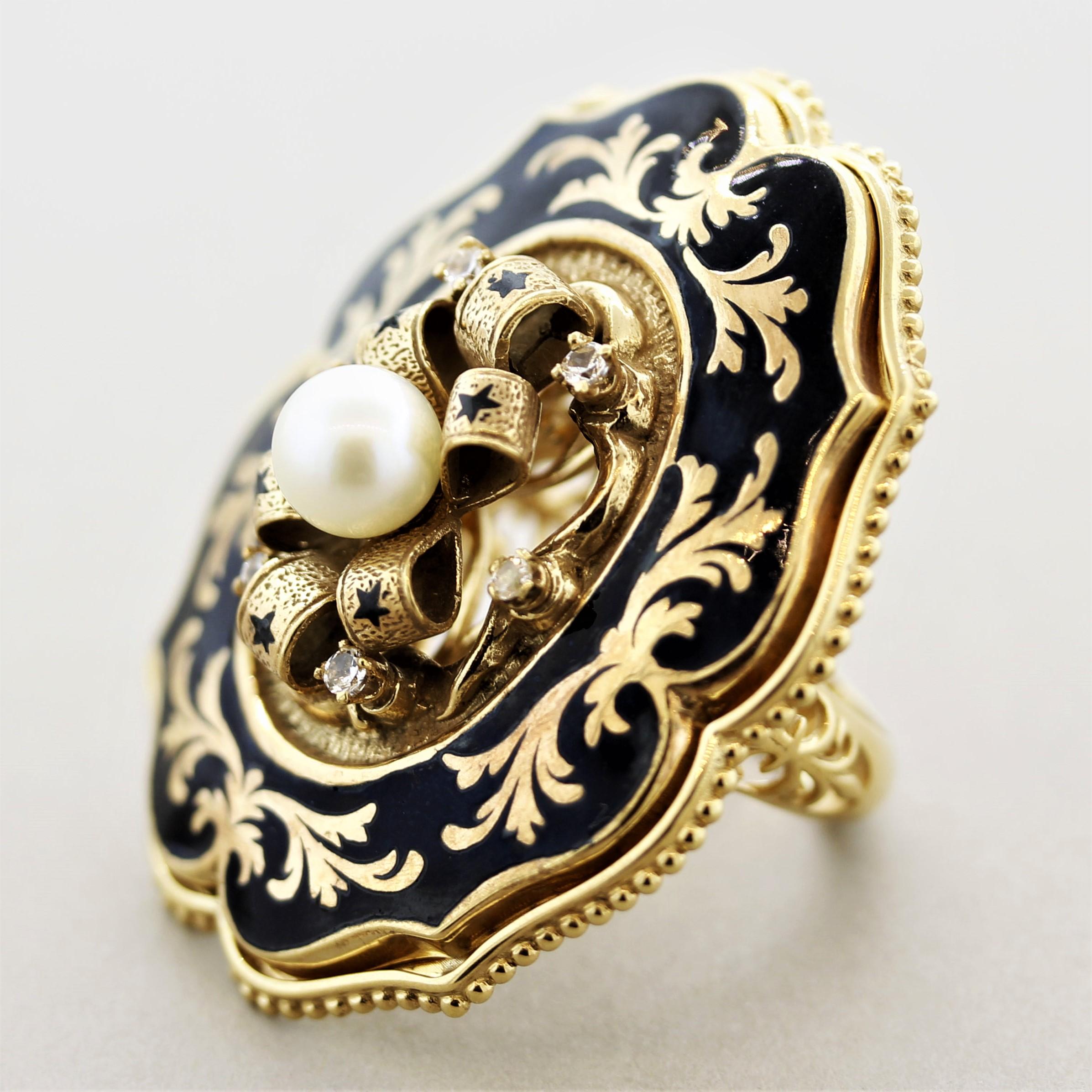 Mixed Cut Victorian Antique-Style Diamond Pearl Enamel Gold Cocktail Ring For Sale