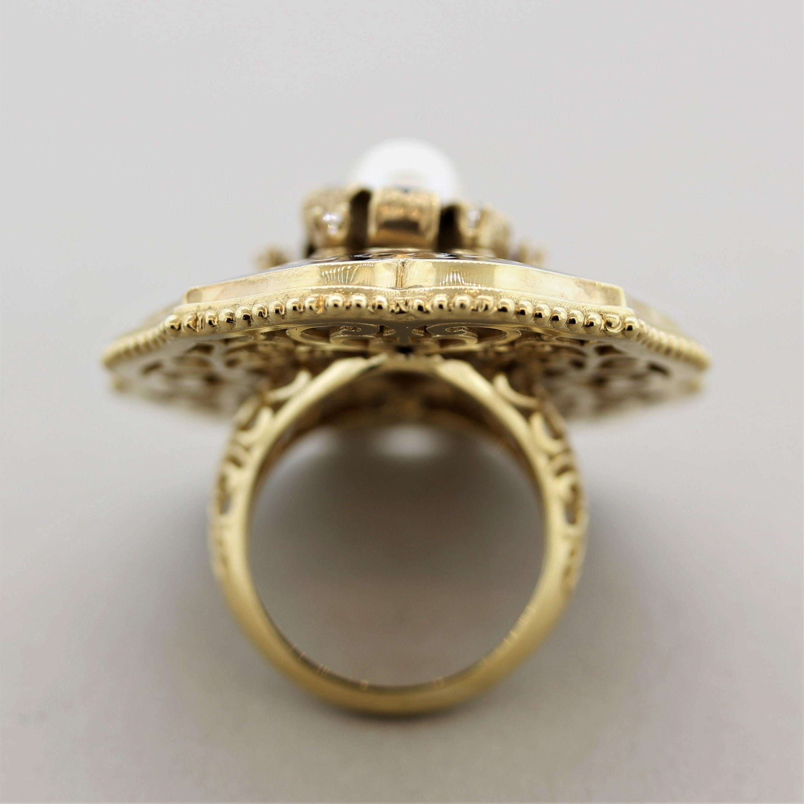 Victorian Antique-Style Diamond Pearl Enamel Gold Cocktail Ring In New Condition For Sale In Beverly Hills, CA