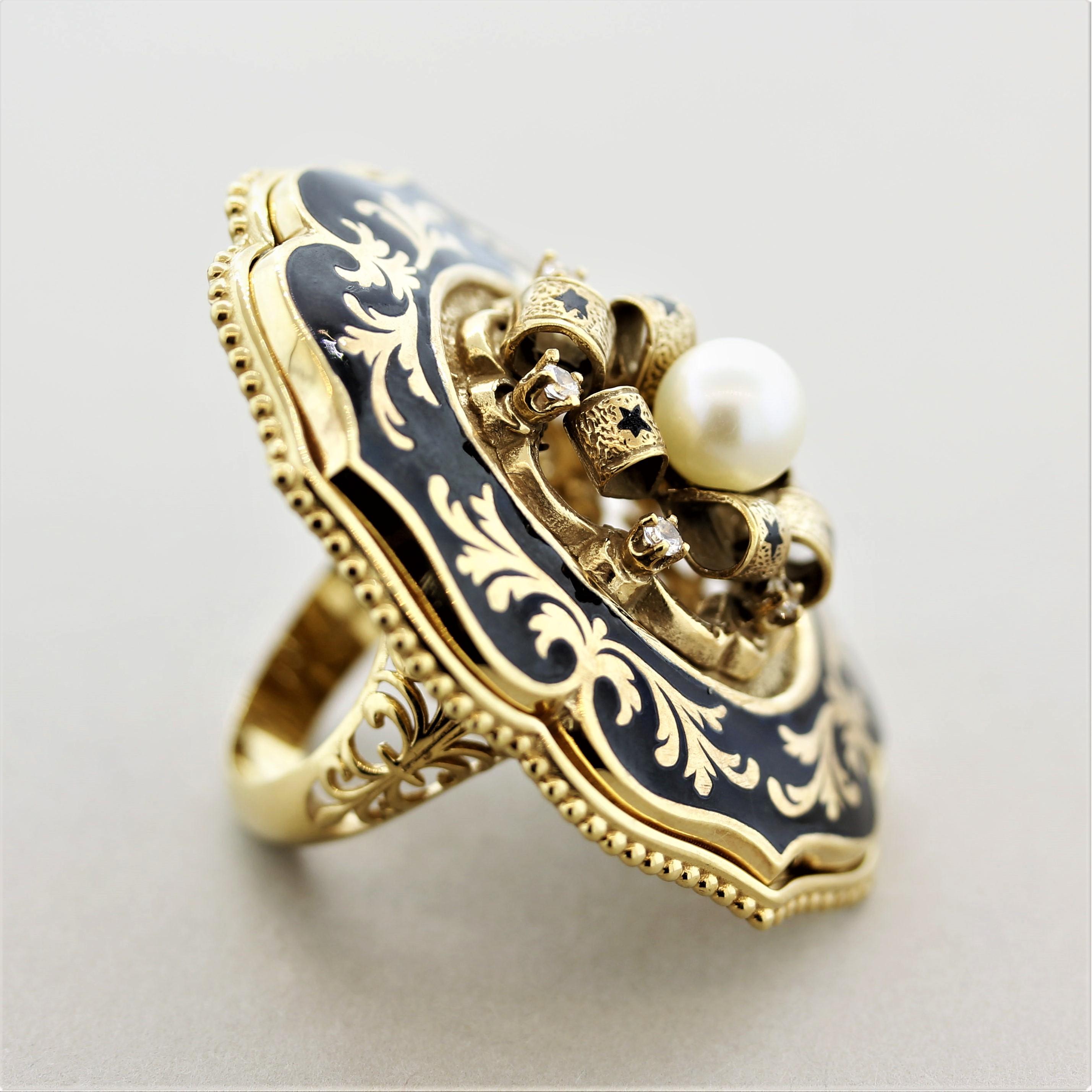 Women's Victorian Antique-Style Diamond Pearl Enamel Gold Cocktail Ring For Sale