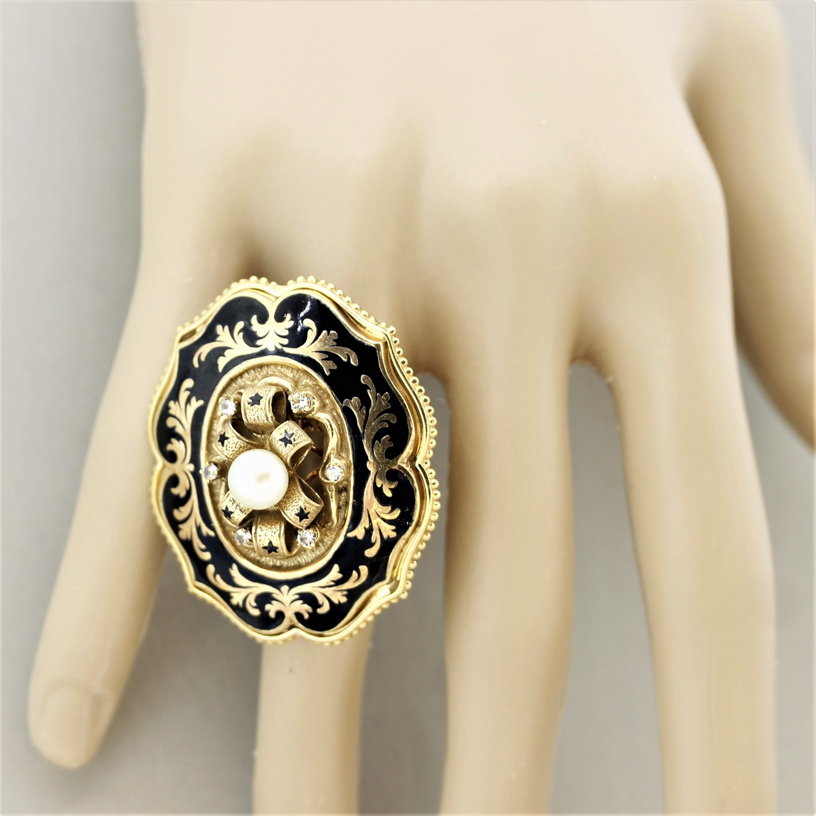 Victorian Antique-Style Diamond Pearl Enamel Gold Cocktail Ring For Sale 1