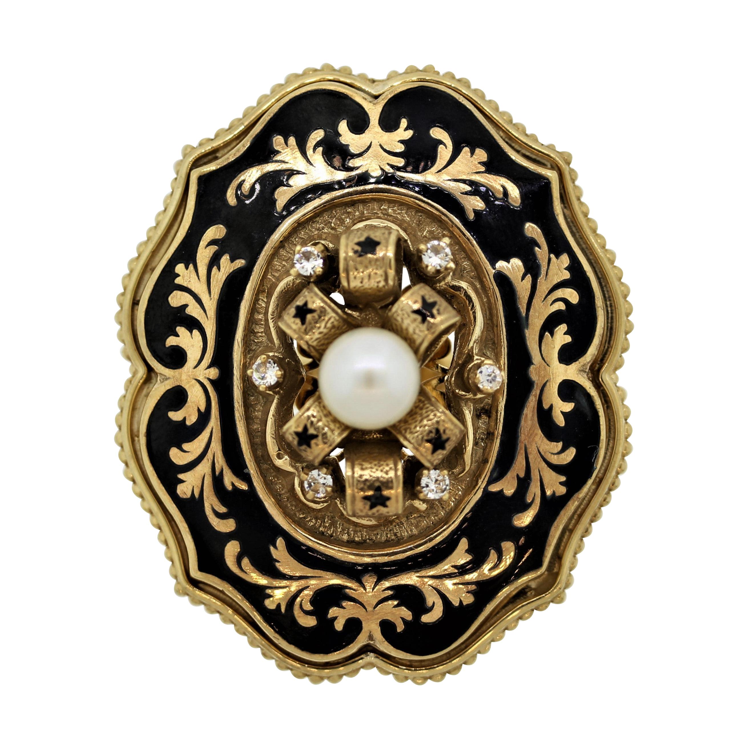 Victorian Antique-Style Diamond Pearl Enamel Gold Cocktail Ring For Sale