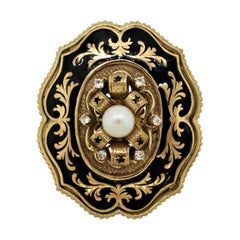 Viktorianischer Cocktailring im antiken Stil mit Diamant, Perle und Emaille aus Gold