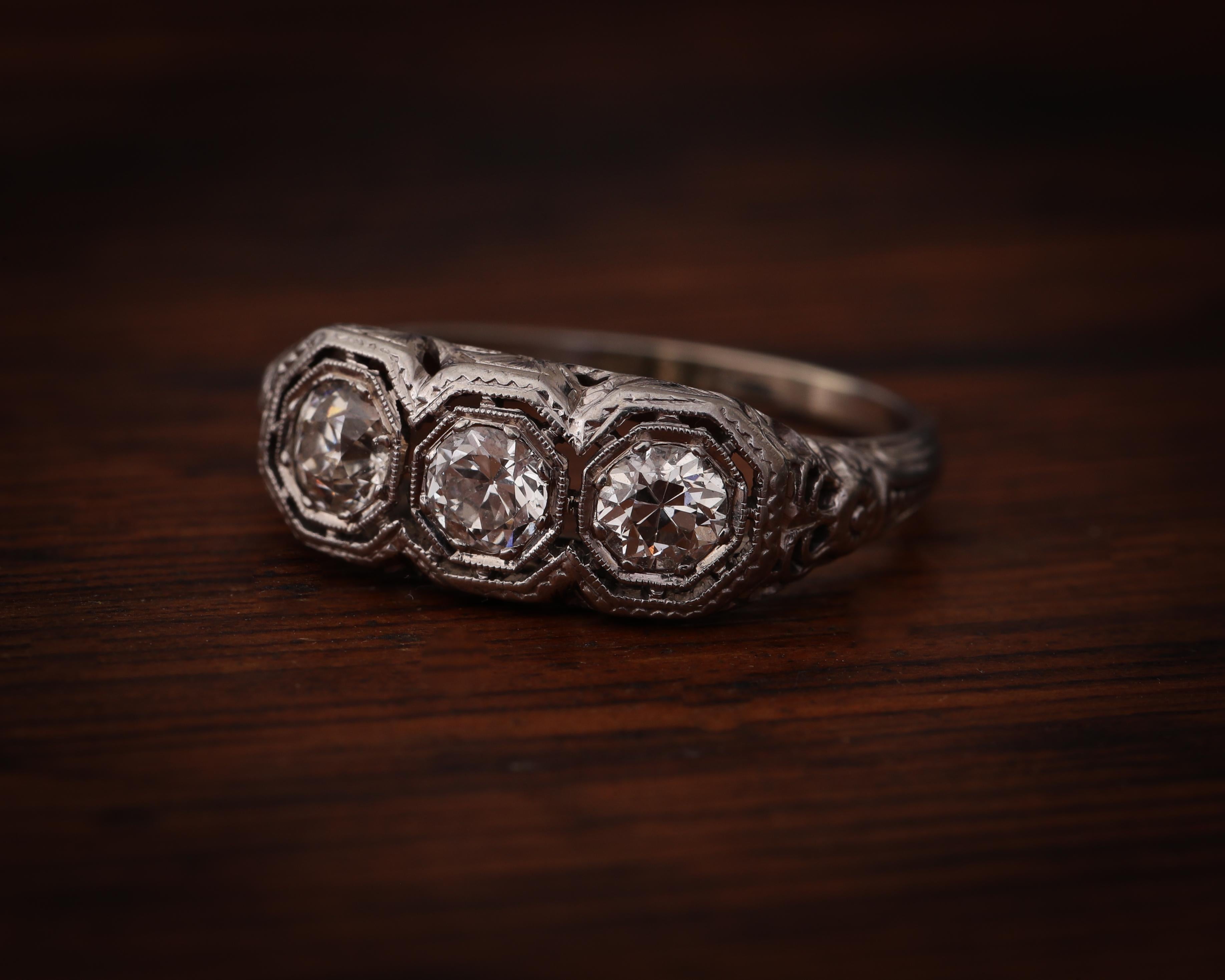Old European Cut Victorian Antique Three-Diamond Filigree Low Profile Vintage Engagement Ring