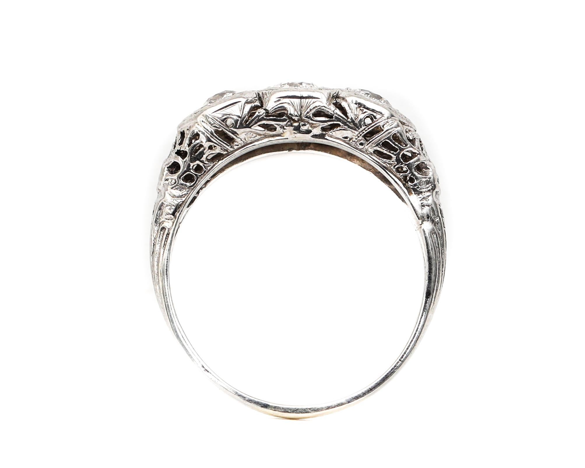 Late Victorian Victorian Antique Three-Diamond Filigree Low Profile Vintage Engagement Ring