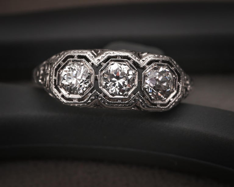 Victorian Antique ThreeDiamond Filigree Low Profile Vintage Engagement